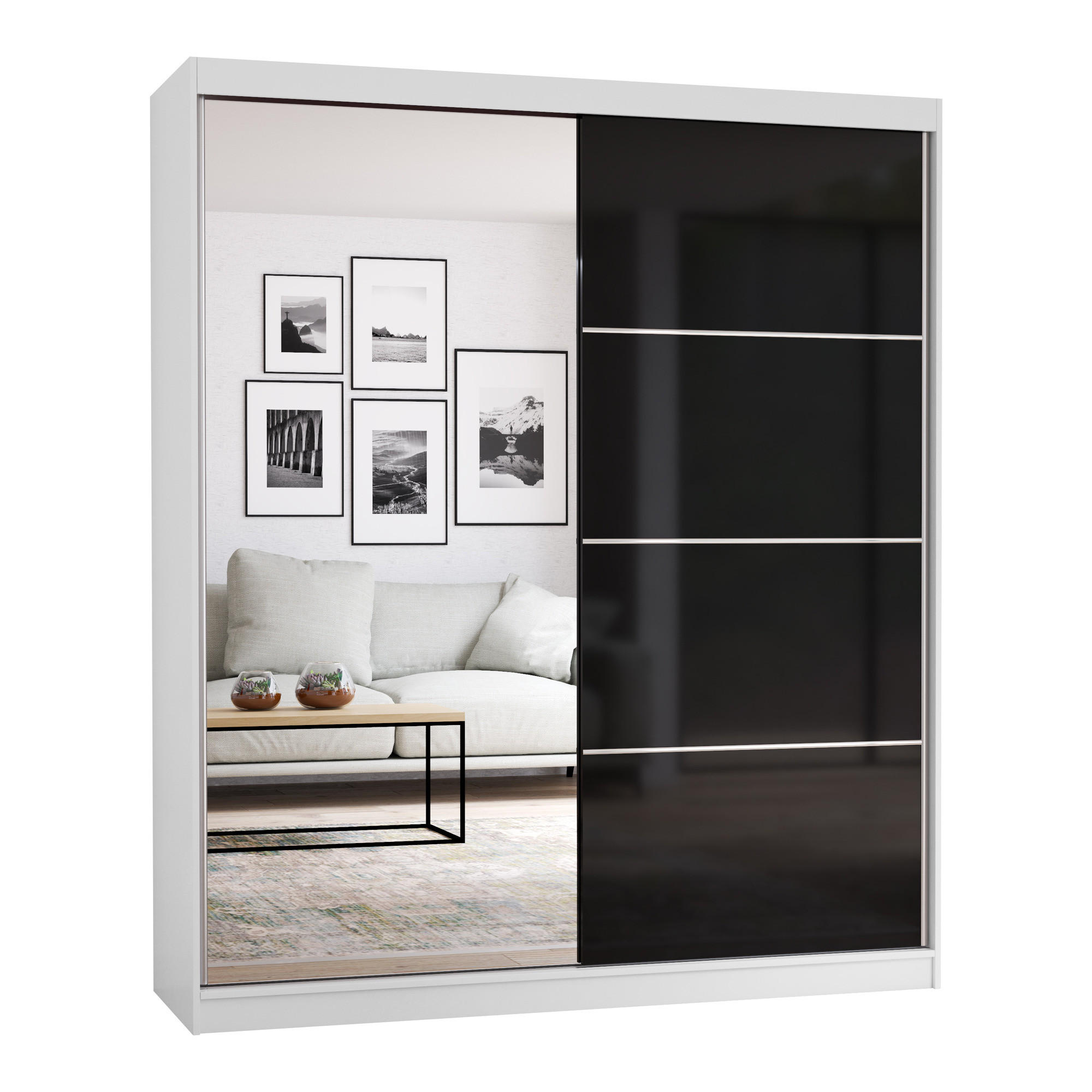 SCHWEBETÜRENSCHRANK Multi 31 Weiß/Schwarz + Spiegel 183 cm - Schwarz/Alufarben, Glas/Holzwerkstoff (183/218/61cm) - imoebel24