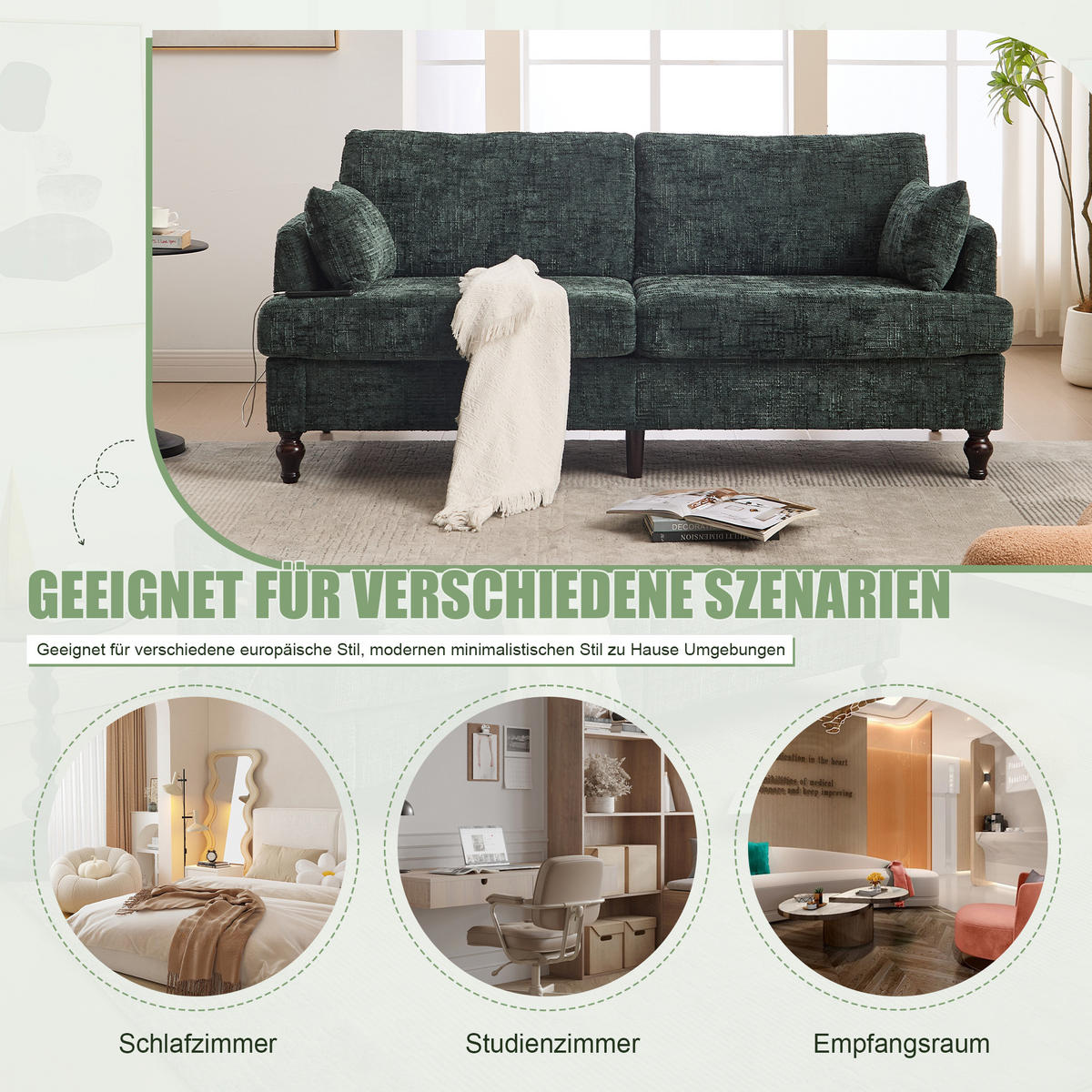 2-SITZER Sofa Chenille mit LED und USB-Anschluss 175/83/78 cm Smaragdgrün - Smaragdgrün, Textil (175/78/83cm) - Redom