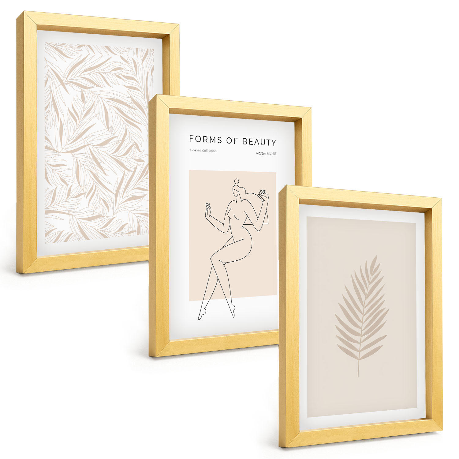 BILDER SET 3er Set - 20x30 cm Goldrahmen - Minimalistische botanische Motive - Goldfarben, Kunststoff (20/30cm) - TULUP
