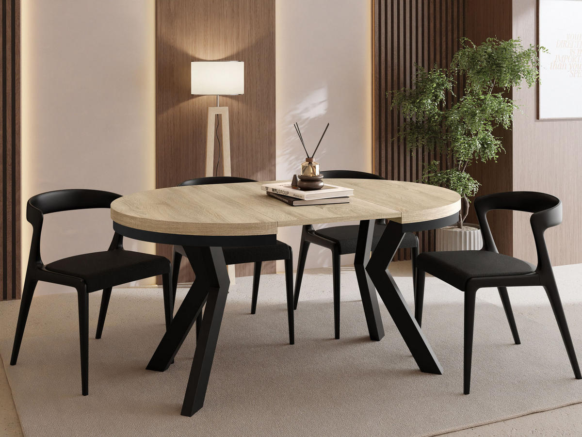 ESSTISCH Savio Neo rund ausziehbar verlängerbar, Eiche Sonoma Hellbraun 80-130/80/77 cm - Schwarz/Sonoma Eiche, Holz/Holzwerkstoff (80/80/77cm) - WFL GROUP