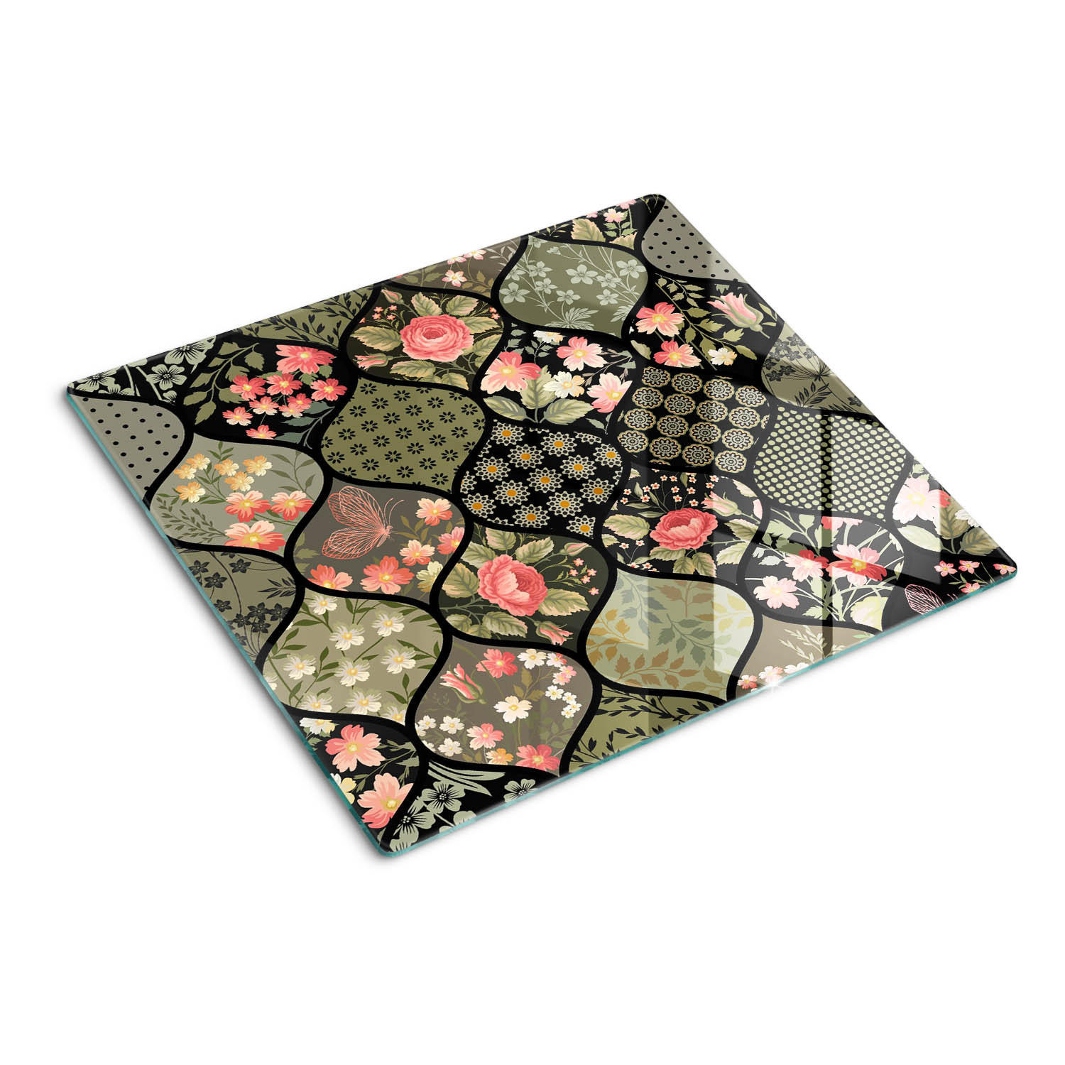GLASPLATTE 60x52 cm Blumenmuster - Grün, Glas (60/0.4/52cm) - TULUP