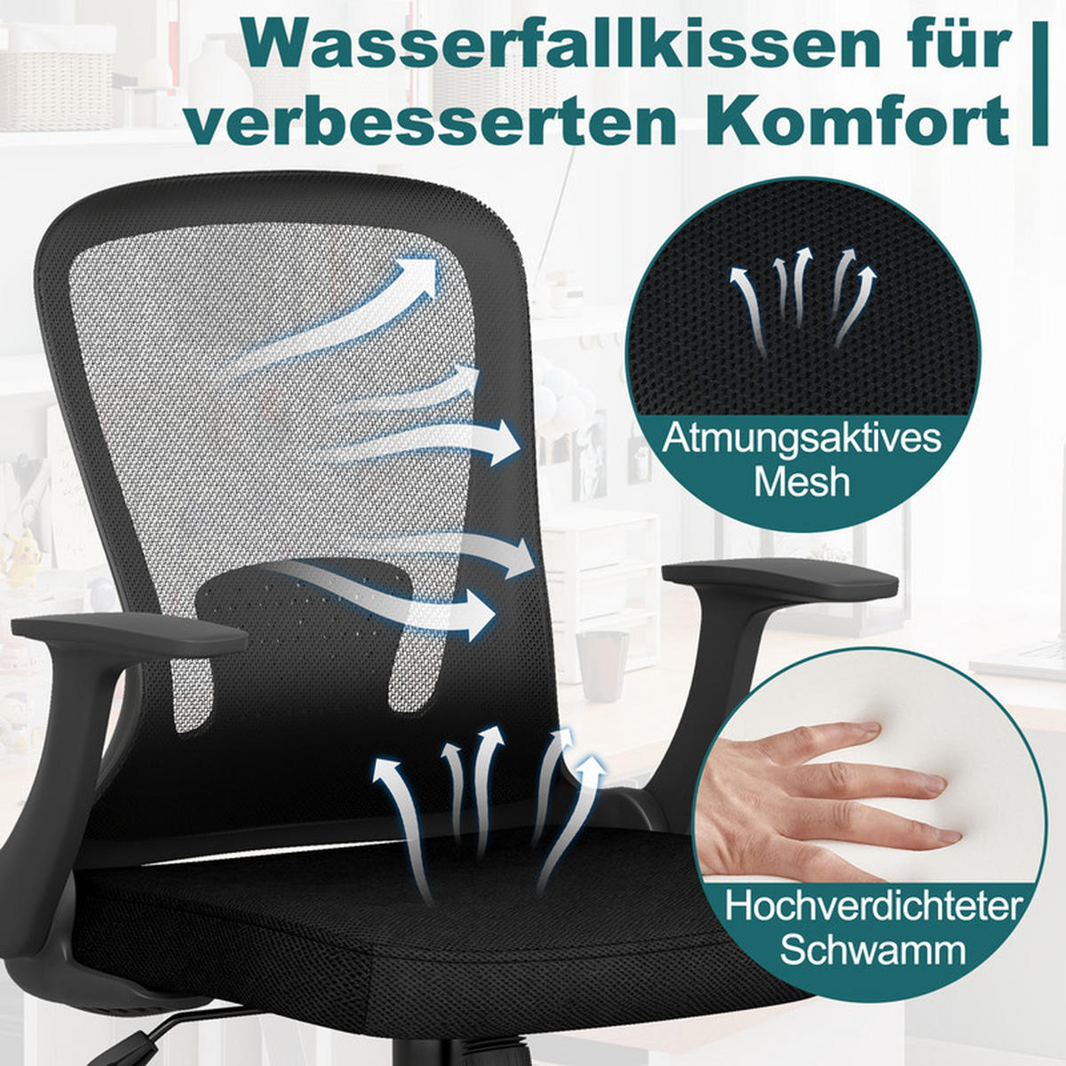 BÜROSTUHL mit hochklappbaren Armlehnen und Lendenwirbelstütze schwarz - Schwarz, Kunststoff (62/94/54cm) - COSTWAY