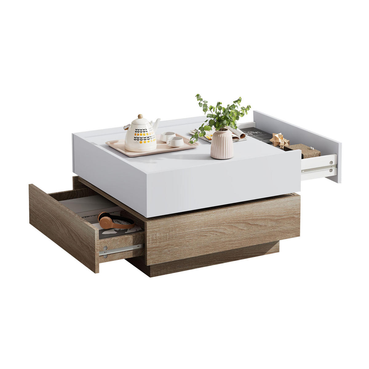 COUCHTISCH, 360° drehbar, Weiß/Walnuss mit Furnier, 2 Schubladen, 60/60/38 cm,Weiß - Weiß, Holzwerkstoff (60/60/38cm) - Redom
