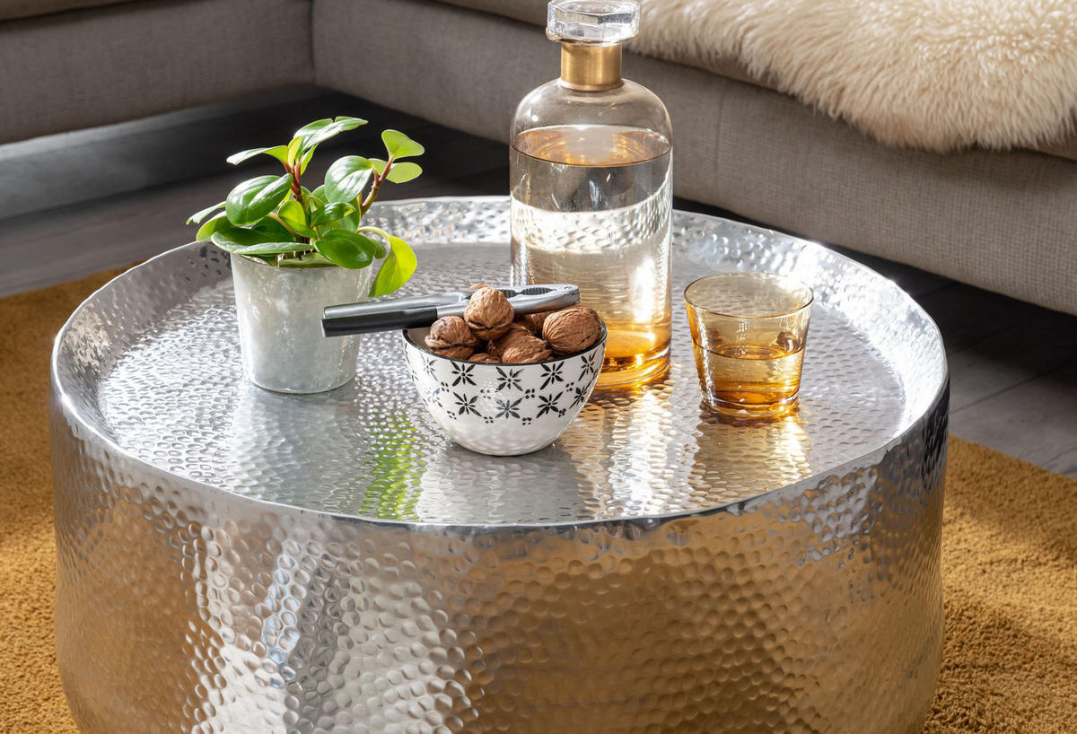 COUCHTISCH Orientalisch mit Hammerschlag-Struktur aus Aluminium und hohler Bauweise, Silber 60x60x35 cm - Silberfarben, Metall (60/60/35cm) - KADIMA DESIGN