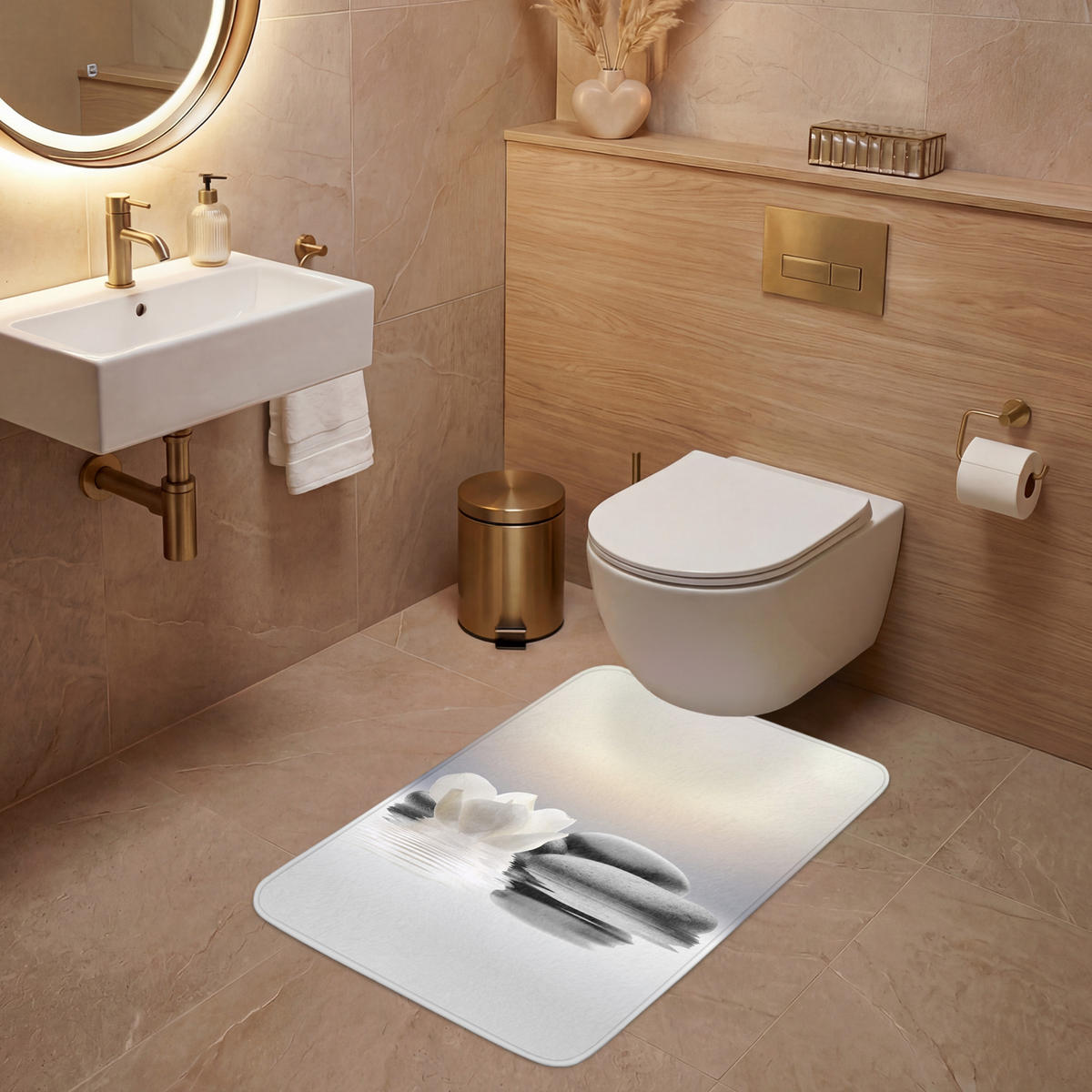 WC PŘEDLOŽKA Kameny - Lotos - Bílý - Voda - Zen 60x90 cm - bílá, textil/plast (60/1cm) - OnlyWow