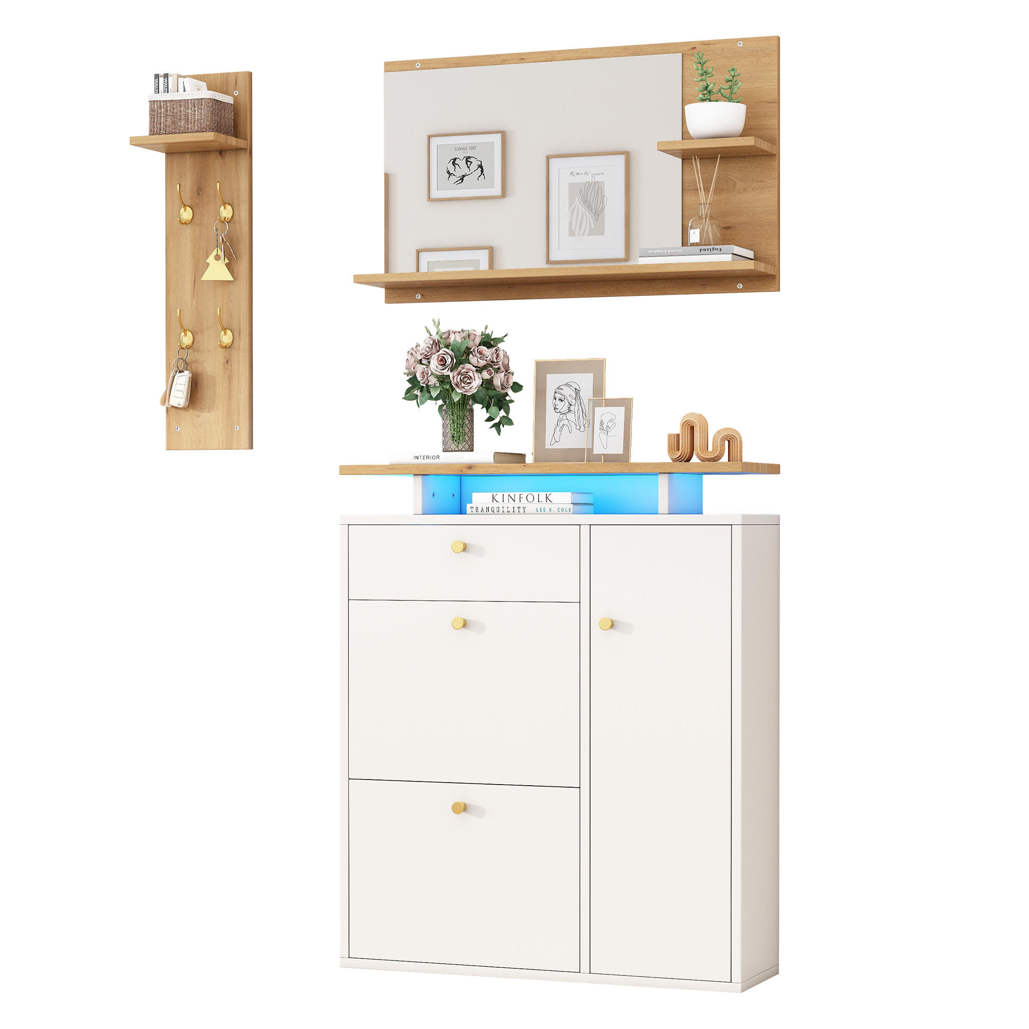GARDEROBE Schuhschrank mit LED Spiegel Flur Stauraum Holzoptik Weiß 105/25/151,5 cm - Weiß, Holzwerkstoff (85/101.5/25cm) - EVRYAE