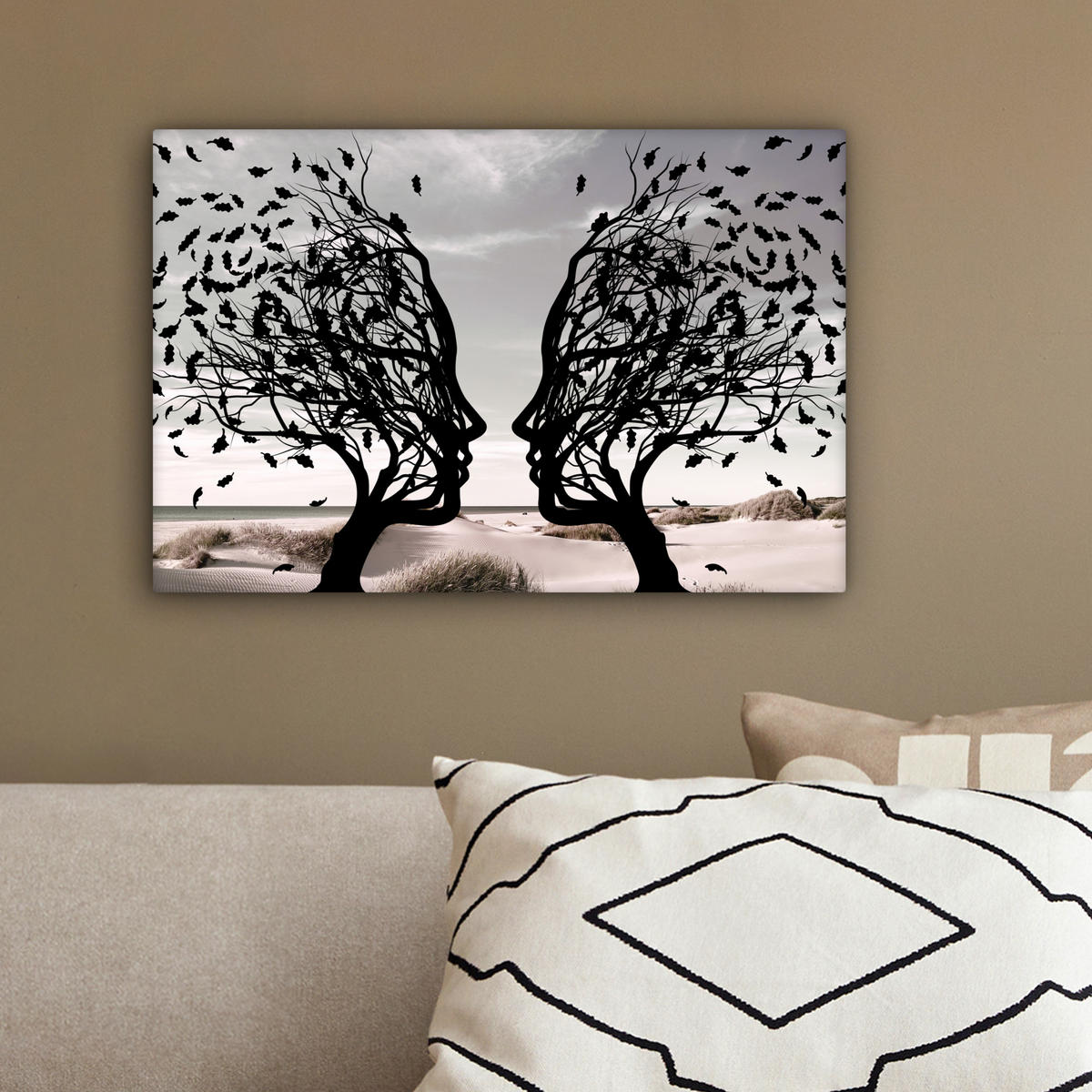 LEINWANDBILD Strand - Meer - Menschen - Baum - Moderne Kunst 30x20 cm - Hellgrau, Textil (30/20cm) - MuchoWow