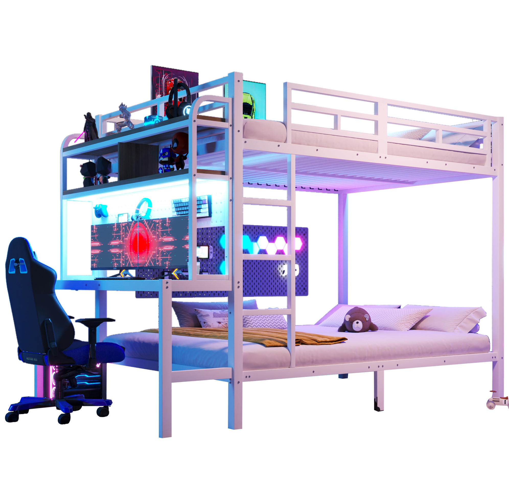 ETAGENBETT 140/200 cm aus Metall mit Schreibtisch, Weiß - Weiß, Metall (140/200cm) - OKMYHOME