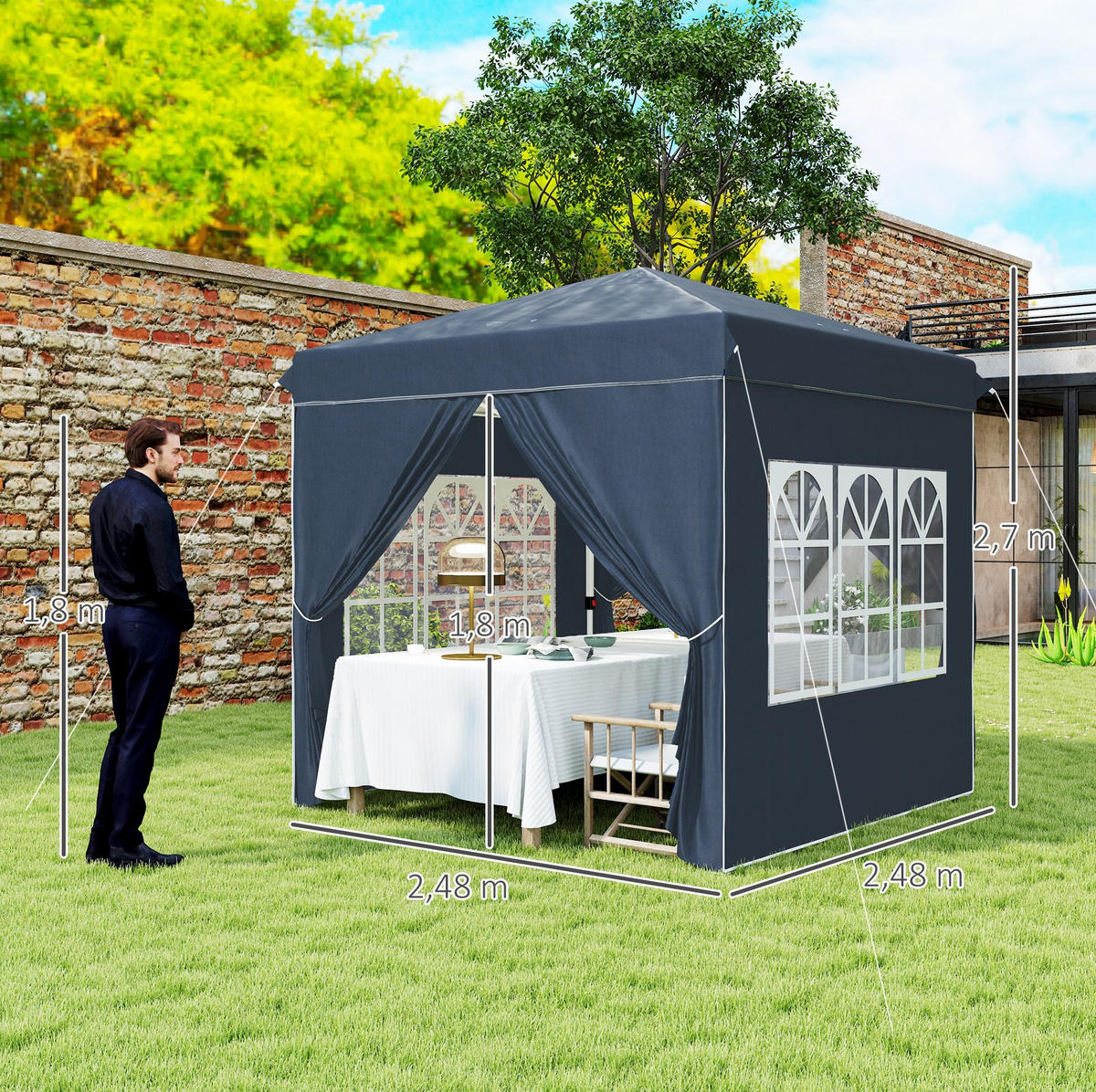 FALTPAVILLON 248/248/270 cm mit Pop-up-Mechanismus, 3-fach höhenverstellbar und 4 Seitenteilen, Blau - Blau, Textil (248/270/248cm) - Redom