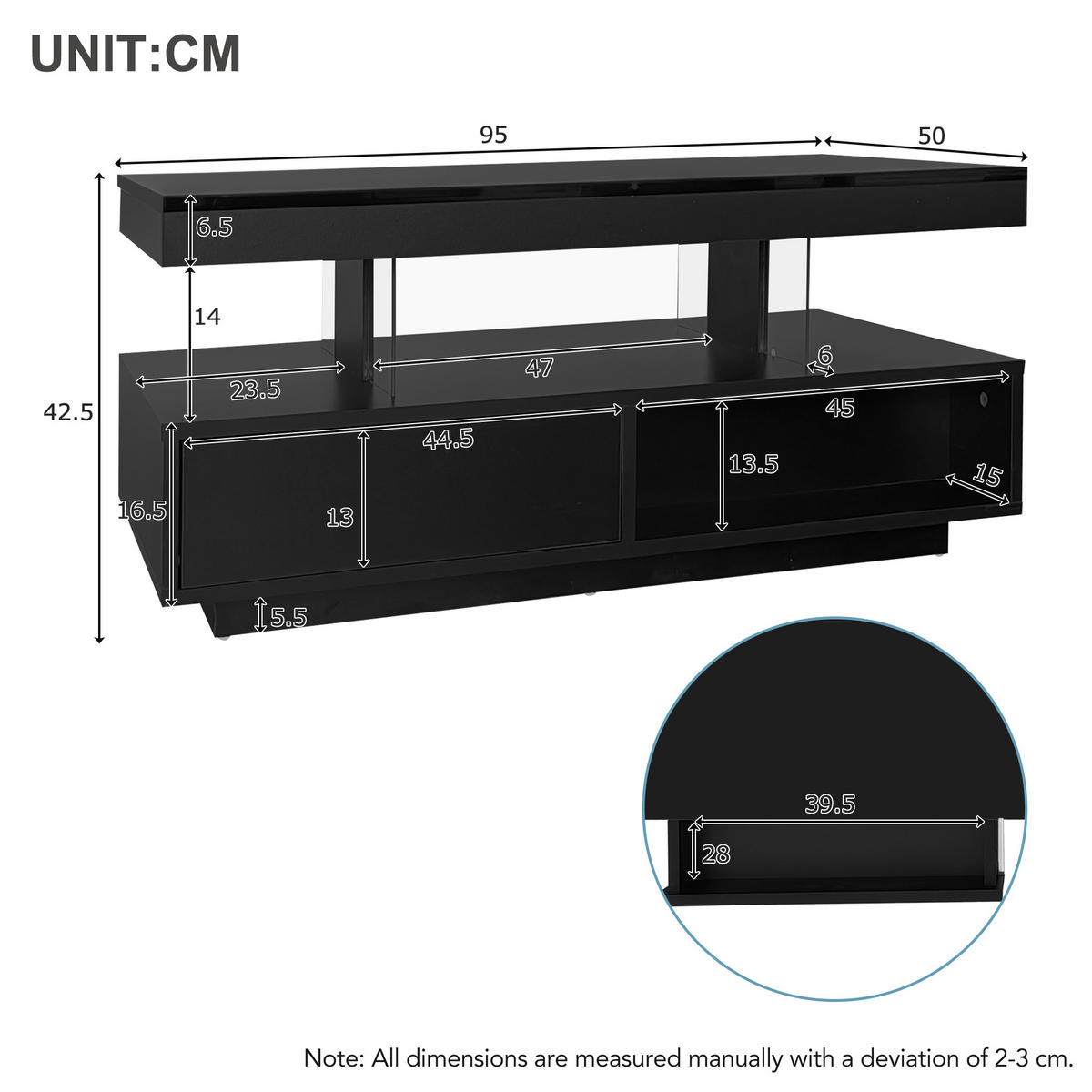 COUCHTISCH 95/50/42,5 cm schwarz mit Hochglanz-Oberfläche und 2 Schubladen - Schwarz, Holzwerkstoff (95/50/42.5cm) - OKWISH