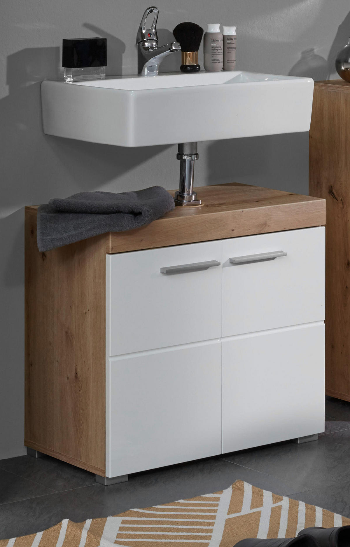 WASCHBECKENUNTERSCHRANK weiß Hochglanz, Eiche Badschrank 60 x 56 cm - Eichefarben/Weiß, Holzwerkstoff/Kunststoff (60/56/34cm) - Top.Furn