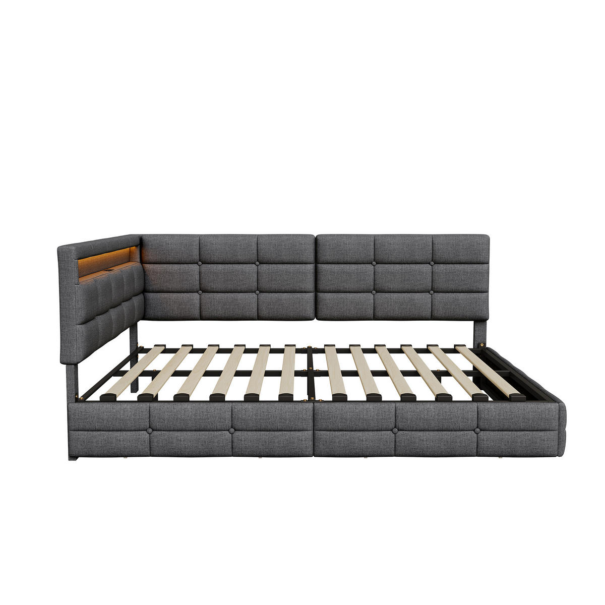 POLSTERBETT 140x190 cm Tagesbett mit 2 Schubladen, LED & USB, Doppelbett mit L-förmigem Kopfteil, Grau - Grau, Metall (140/190cm) - EuroLiving