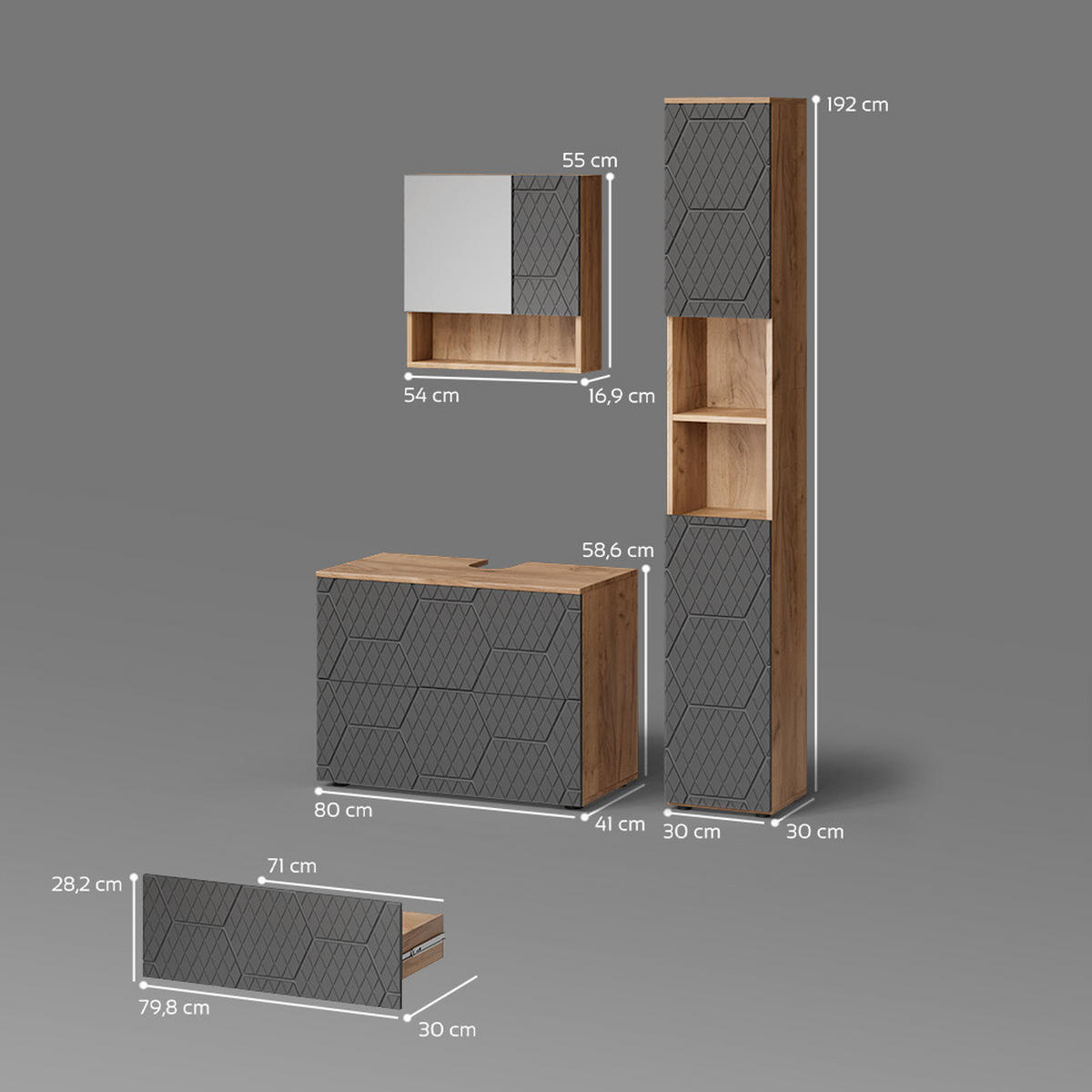 BADMÖBEL-SET Ronco Anthrazit gestreift 3 Teile, mit Schubladenschrank und Hochschrank - Anthrazit/Eiche Wotan, Holzwerkstoff (80/58/41cm) - Livinity®