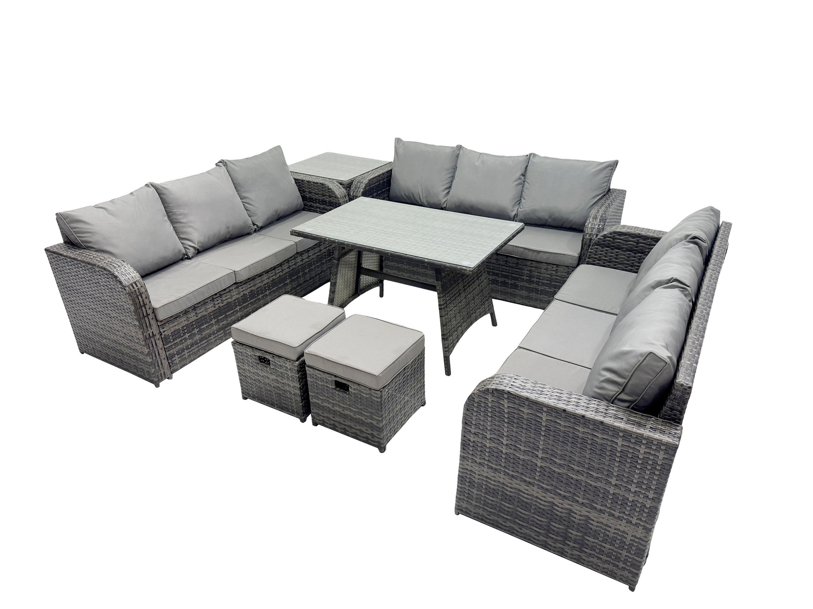 GARTENMÖBELSET mit ESSTISCH, 3-SITZER SOFA Polyrattan 11-Sitzer - Dunkelgrau/Grau, Glas/Kunststoff - Fimous