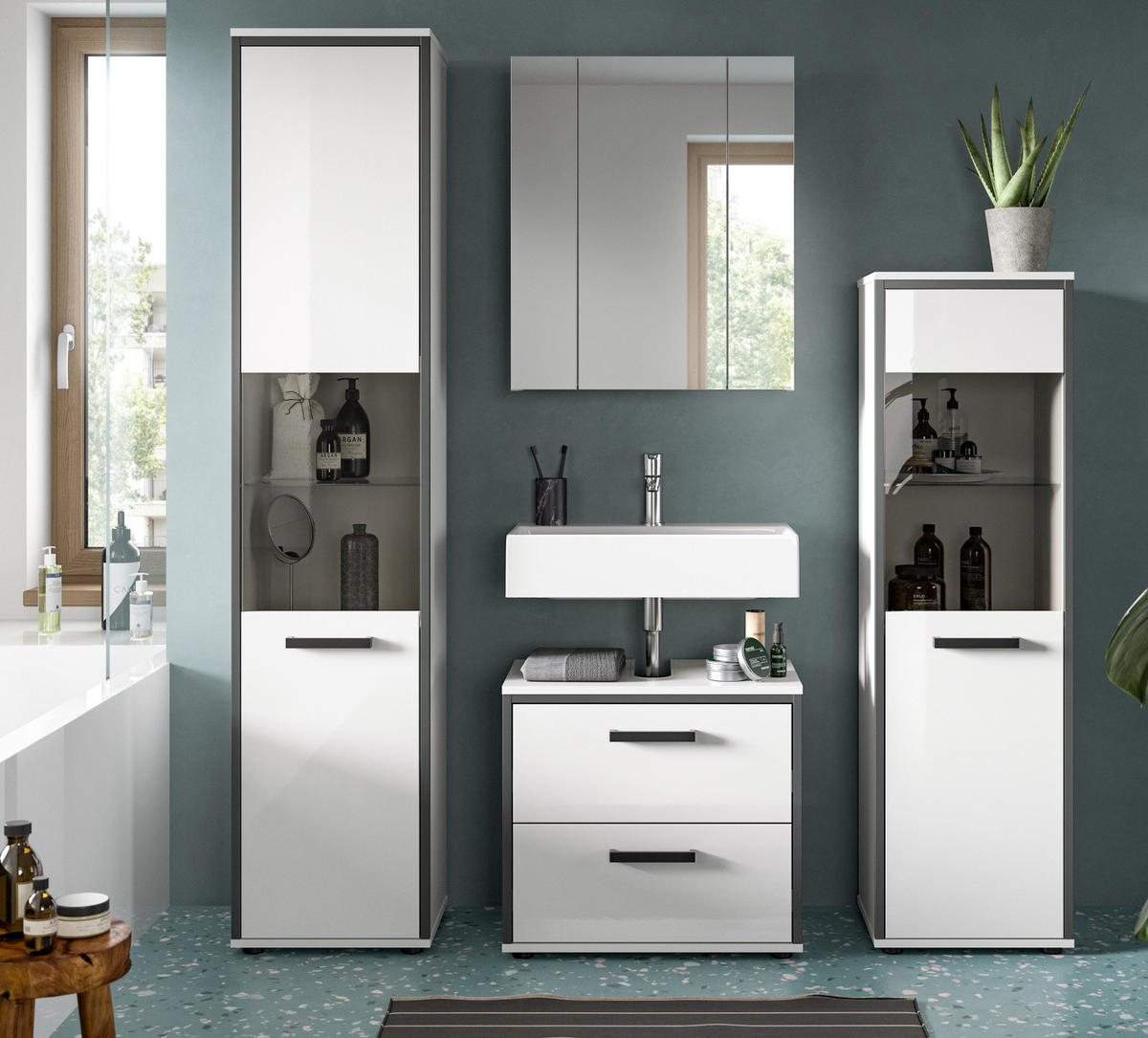 MIDISCHRANK weiß Hochglanz, grau 40 x 139 cm, Badkommode mit wechselbaren Türanschlag - Weiß Hochglanz/Schwarz, Glas/Holzwerkstoff (40/139/34cm) - Inn.Furn