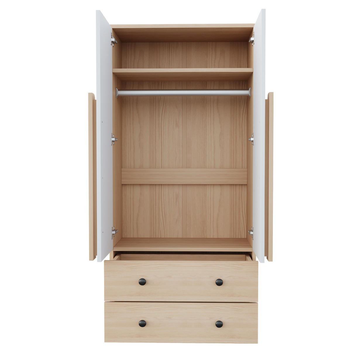 KLEIDERSCHRANK aus Holz 70x40x170 cm Natur/Weiß mit Doppeltüren und 2 Schubladen - Naturfarben, Holzwerkstoff (70/170/40cm) - Modfu