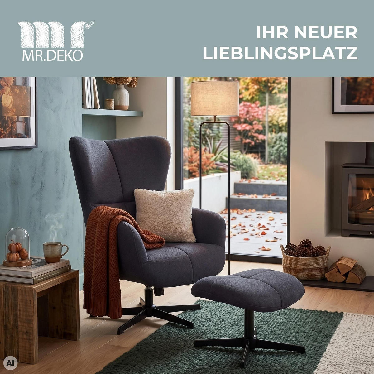 OHRENSESSEL Sava inkl. Fußhocker - Blau/Schwarz, Textil/Metall (74/104/86cm) - Mr. Deko