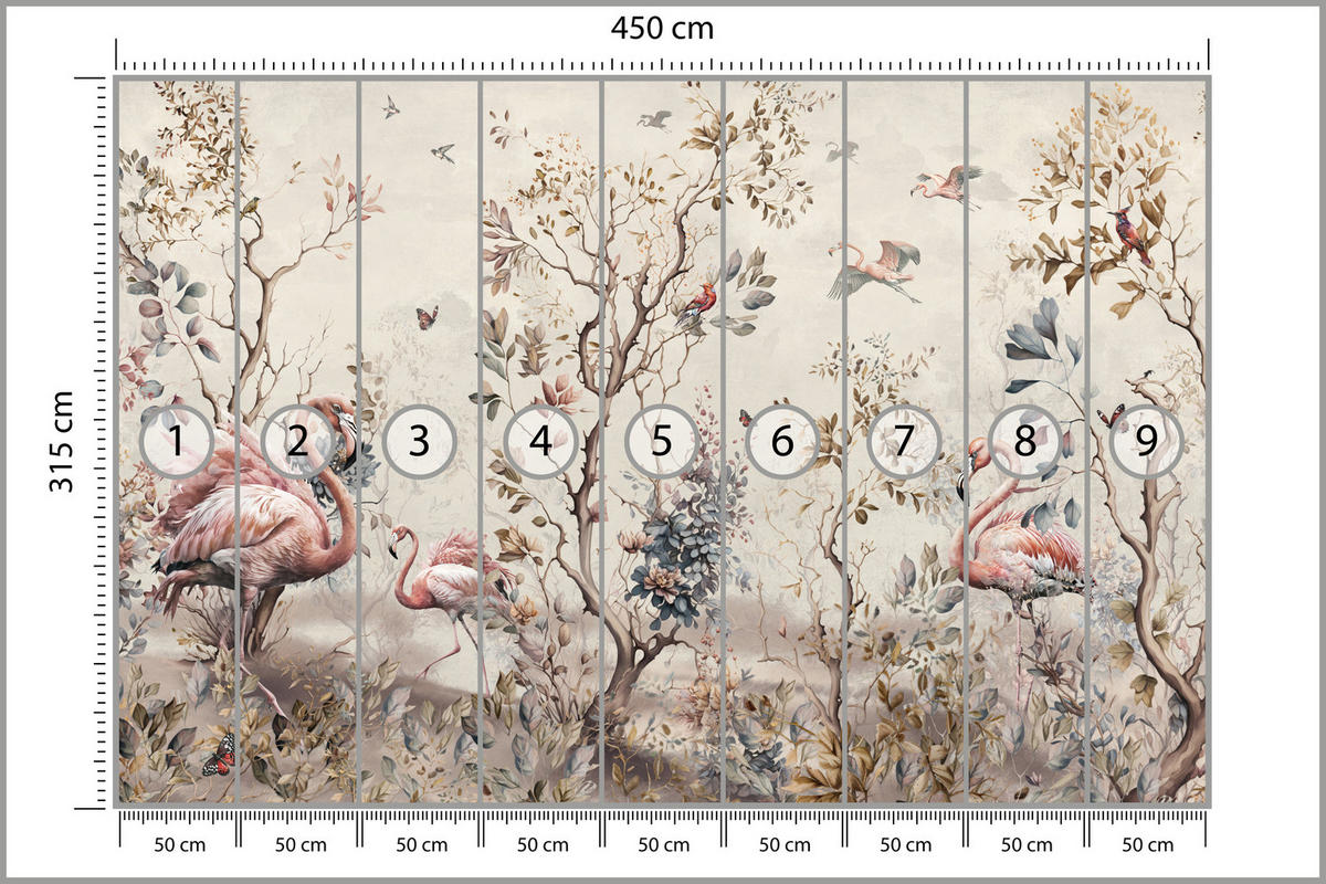 FOTOTAPETE für Wohnzimmer Wunderschöne Flamingos Natur Schmetterlinge 450x315 - Multicolor, Papier (450/315cm) - Muralo