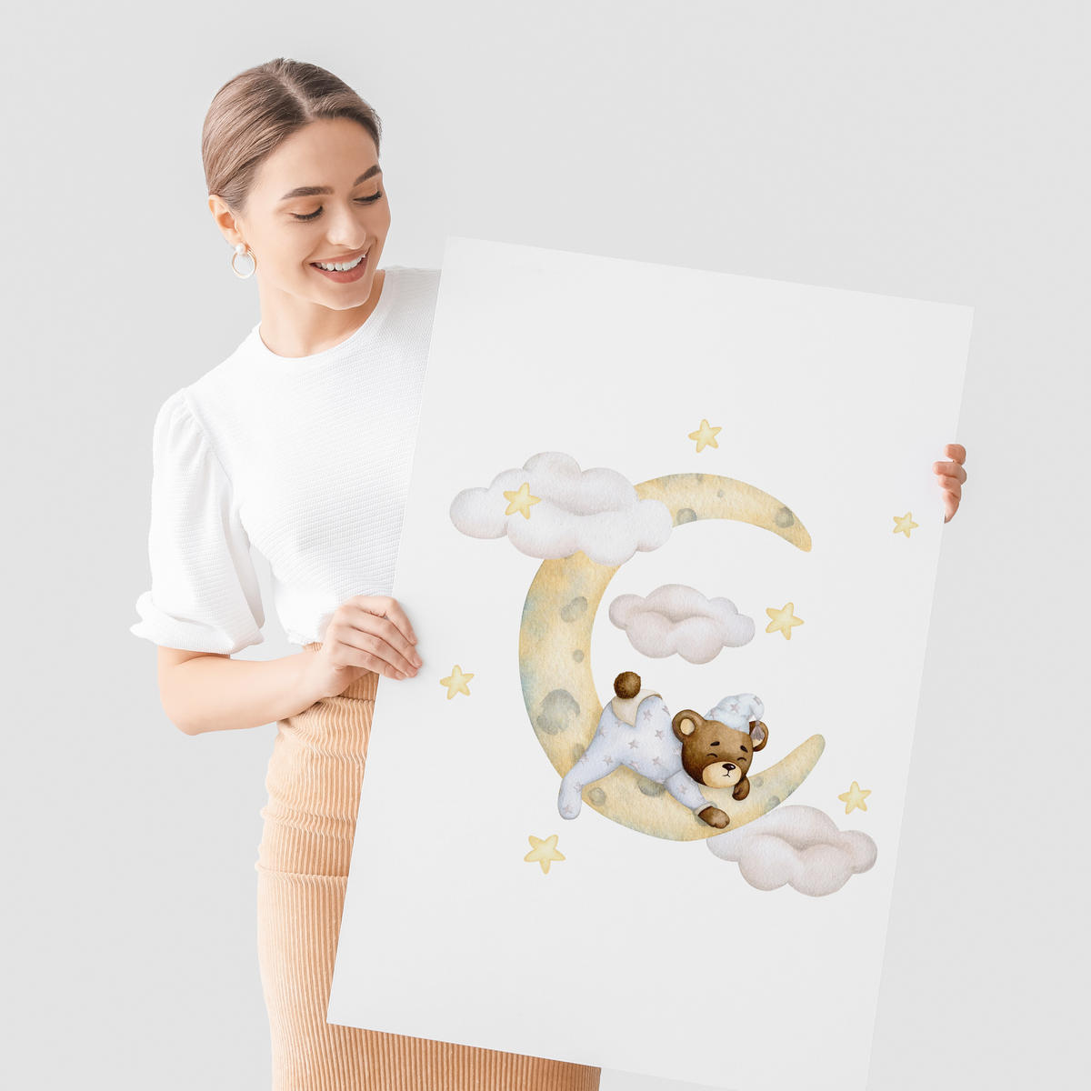 SADA PLAGÁTOV Do Detskej Izby Mackovia Mesiace Oblaky Hviezdy 3x Plagát A3 30 x 42 cm - hnedá/žltá, papier (30/42/1cm) - Muralo