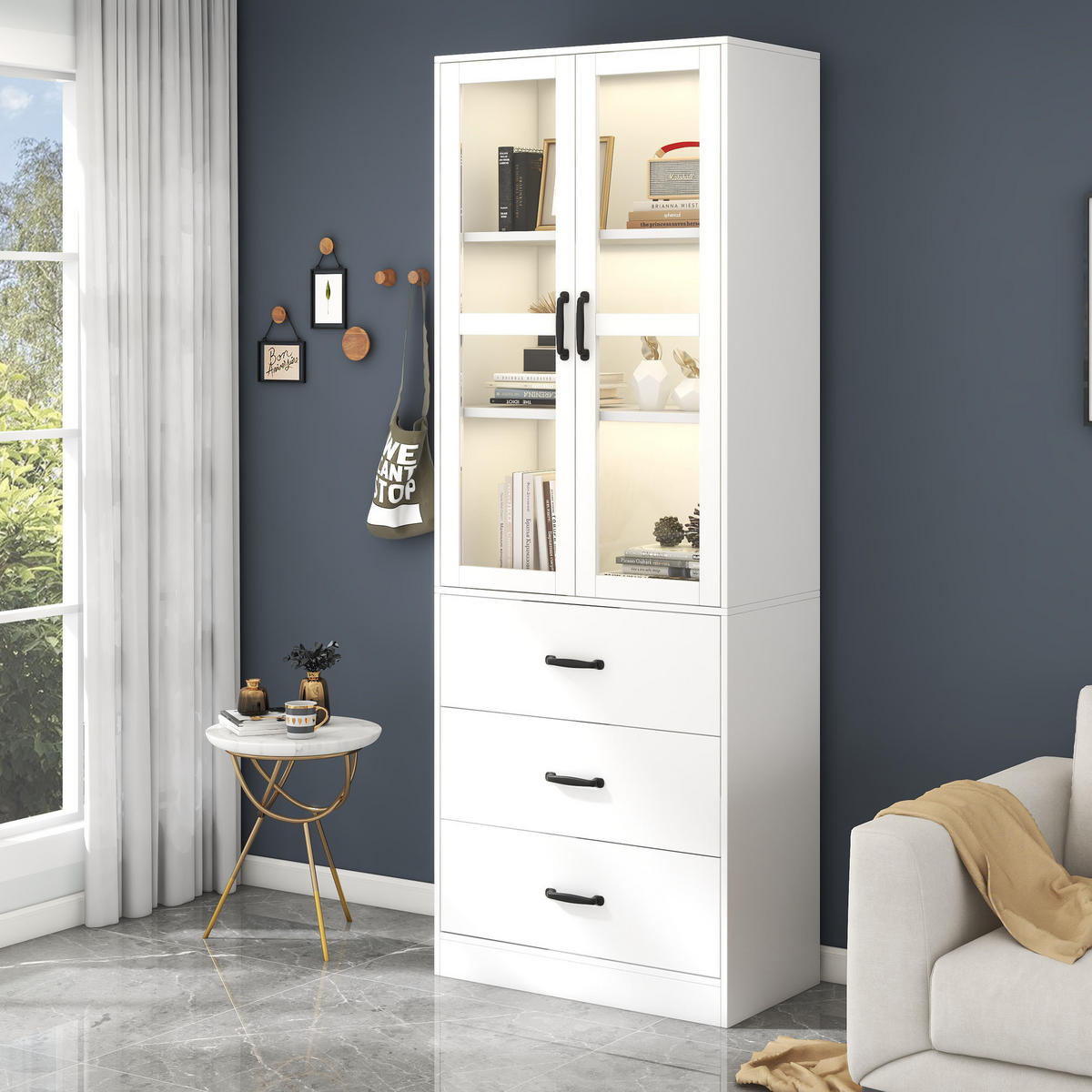 VITRINE 60/40/200 cm weiß aus MDF mit LED und 3 Schubladen - Weiß, Holzwerkstoff (60/200/40cm) - OKWISH