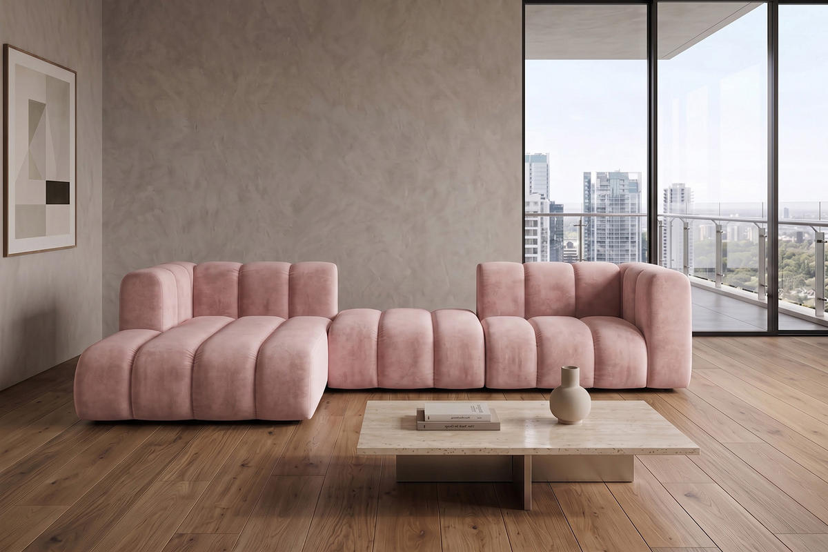 ECKSOFA Modulares In L-Form, Velvet-Stoff Riviera, Hellrosa, Links, GRAND 319 cm - Hellrosa, Holz (319/175cm) - Kaiser Möbel