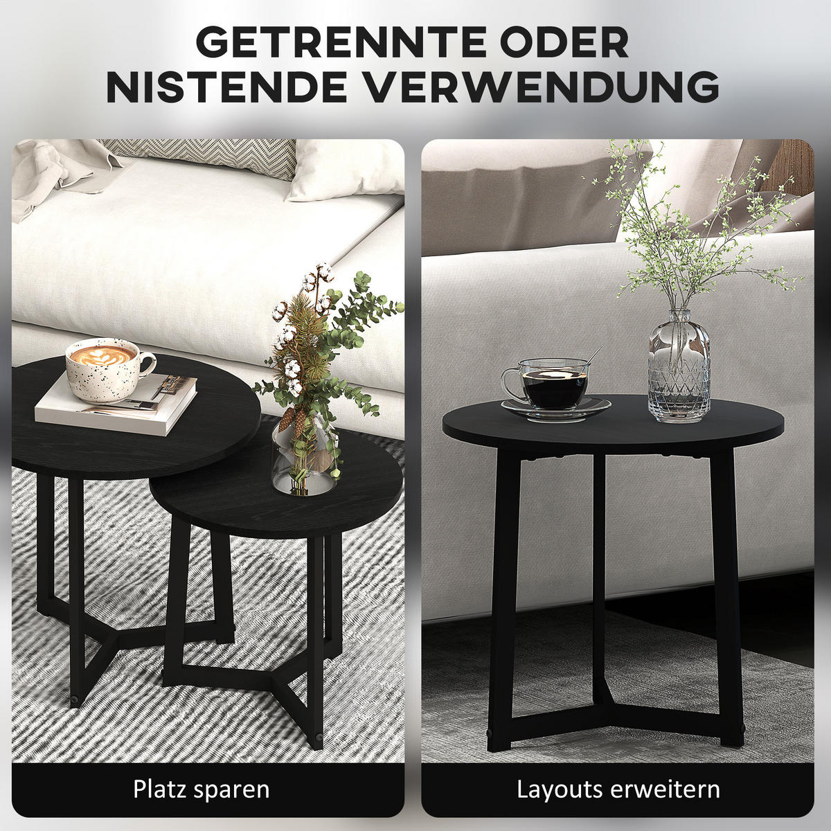 COUCHTISCH 48/40 cm Schwarz aus Stahl und MDF mit ineinander schiebbarer Funktion - Schwarz, Metall (48/48/45cm) - OKMYHOME