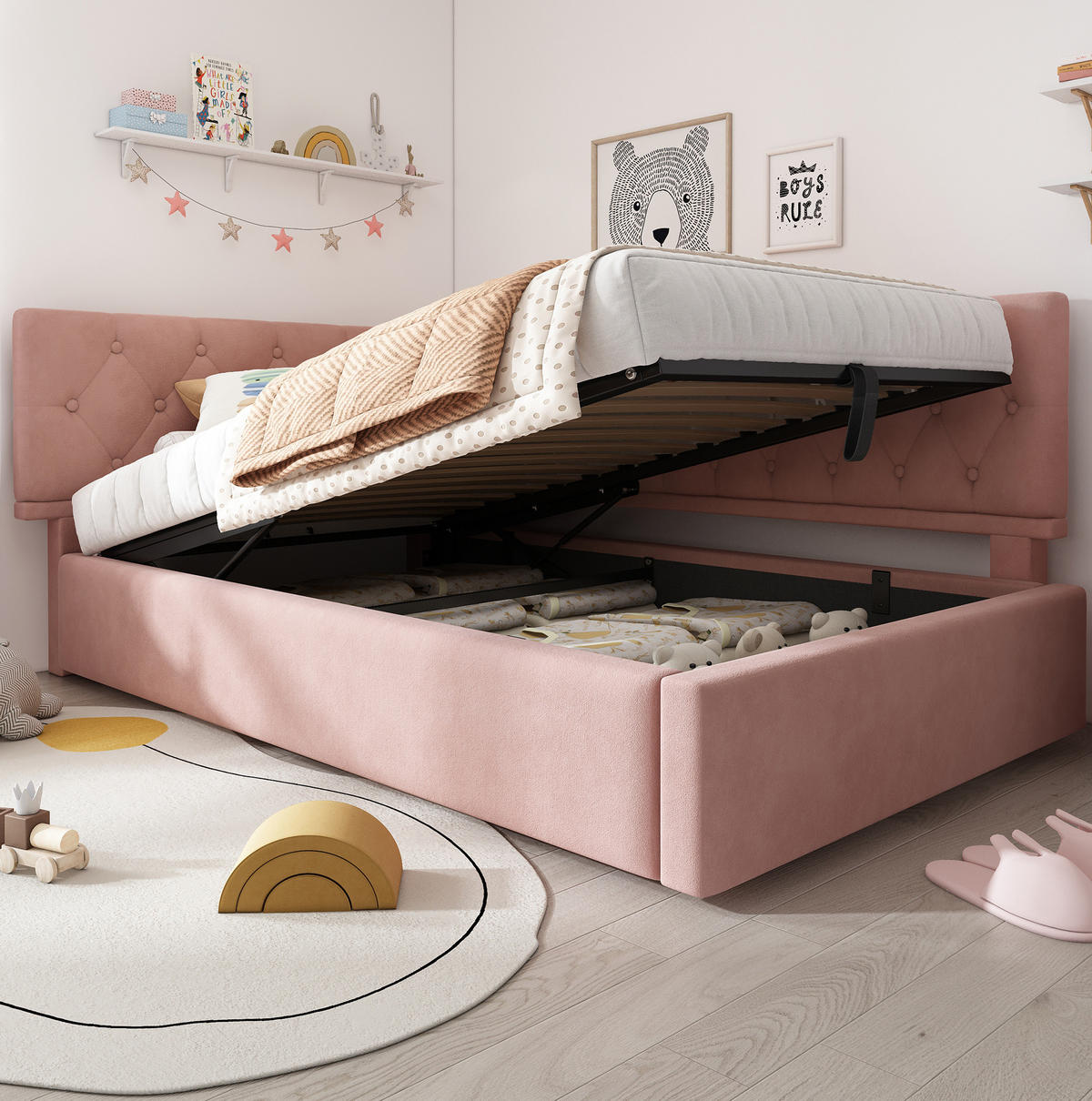 KINDERBETT Polsterbett 90/200 cm aus Samt mit hydraulischem Bettkasten Rosa - Pink, Textil (90/200cm) - Modenvie
