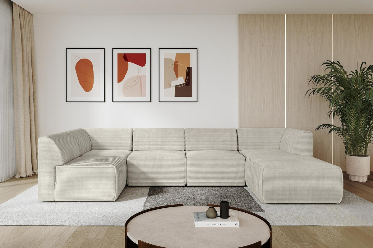 WOHNLANDSCHAFT Ottomane Rechts MOVO-L 345x180x78 cm Cream Cord - Creme/Schwarz, Holzwerkstoff/Kunststoff (345/78/180cm) - ALTDECOR