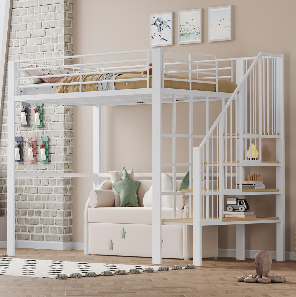 HOCHBETT aus Metall und Holz 140x200 cm Weiß mit Treppe und Stauraum unter dem Bett - Weiß, Metall (140/200cm) - IVMEU