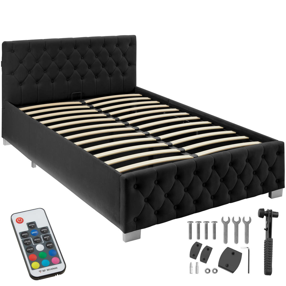 POLSTERBETT Sedona, großer Stauraum, Samtoptik schwarz - Schwarz/Samtahornfarben, Holz (120/200cm) - tectake