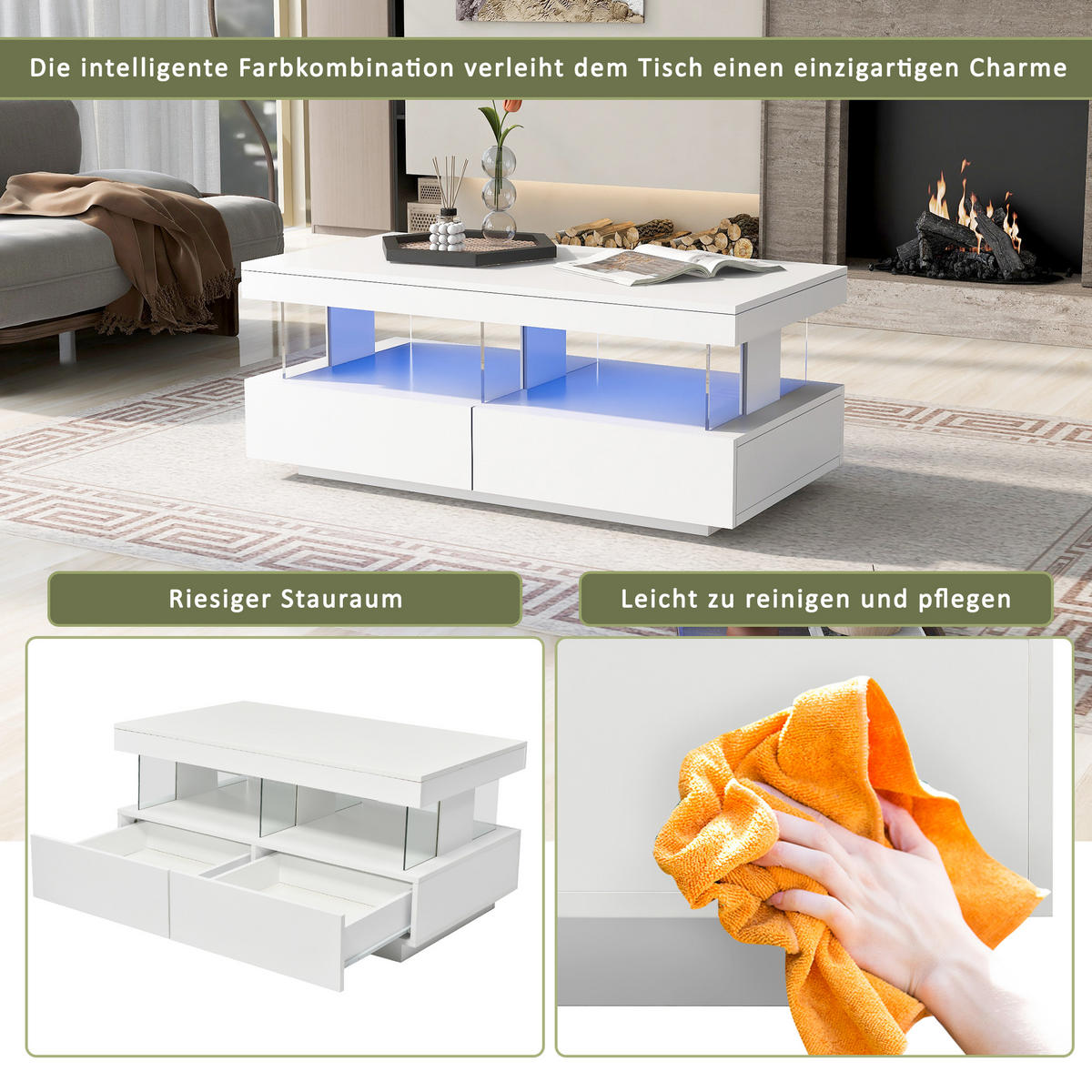 COUCHTISCH 100/60/49.5 cm hochglänzend mit LED-Beleuchtung - Weiß, Holzwerkstoff (100/60/49.5cm) - OKWISH