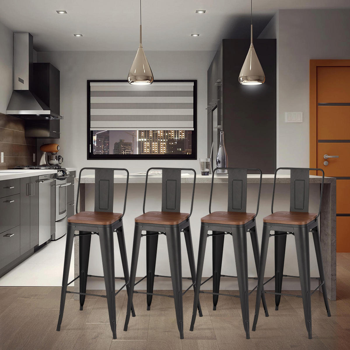 BARHOCKER 4er-Set Hoher mit Metallgestell und Rückenlehne in Schwarz Robust Platzsparend 43 x 43 x 105 cm - Dunkelbraun/Schwarz, Metall (43/105/43cm) - Livingandhome