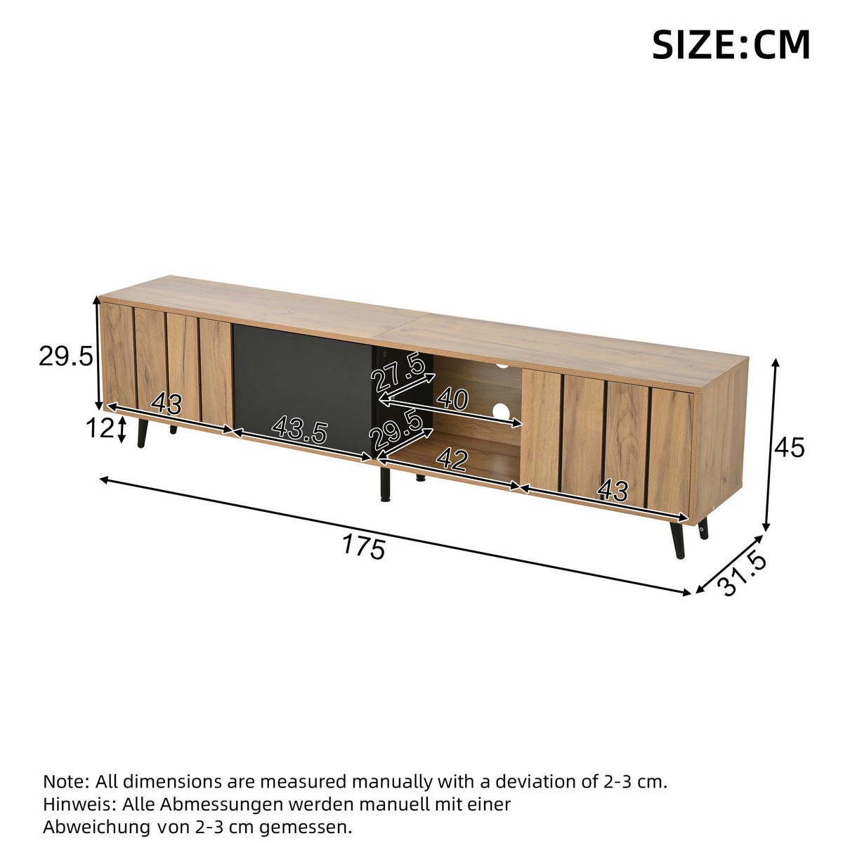 TV ormarić od iverice 175x31,5x45 cm prirodna boja i crna s 3 ormarića i kaljenim staklom za TV do 75 inča - svijetlo smeđa, drvni materijal (175/45/31.5cm) - Modfu