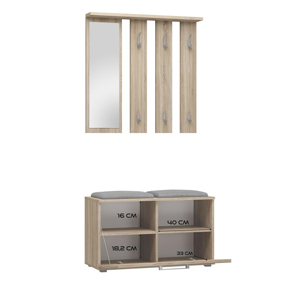 GARDEROBE set de mobilier pentru hol cu oglindă Sonoma 85/180/35 - stejar Sonoma, compozit lemnos (85/180/35cm) - RAUMHIRSCH FURNITURE