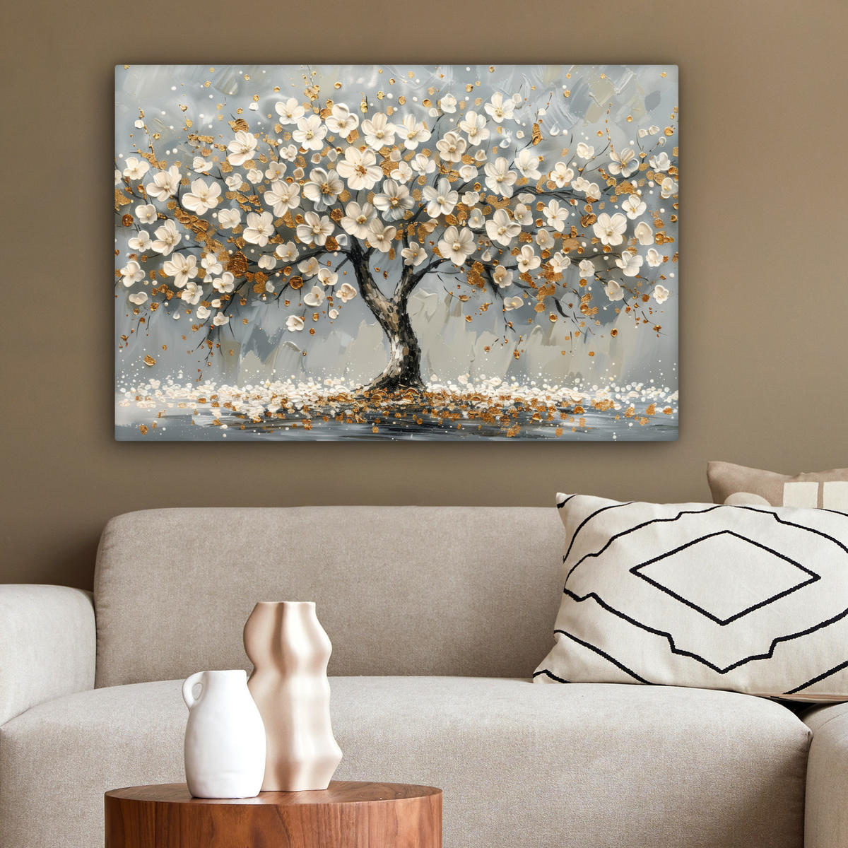 LEINWANDBILD Baum - Blumen - Weiß - Natur - Kunst Wanddeko 90x60 cm - Weiß, Textil (90/60cm) - MuchoWow