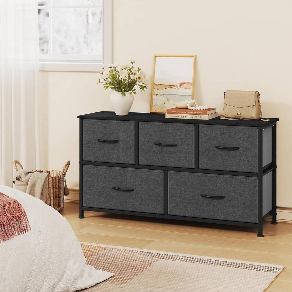 KOMMODENSCHRANK mit 5 Schubladen aus Holzwerkstoff ,Metallrahmen,Schwarz + Dunkelgrau - Dunkelgrau/Schwarz, Holzwerkstoff/Metall (100/54/30cm) - Woltu