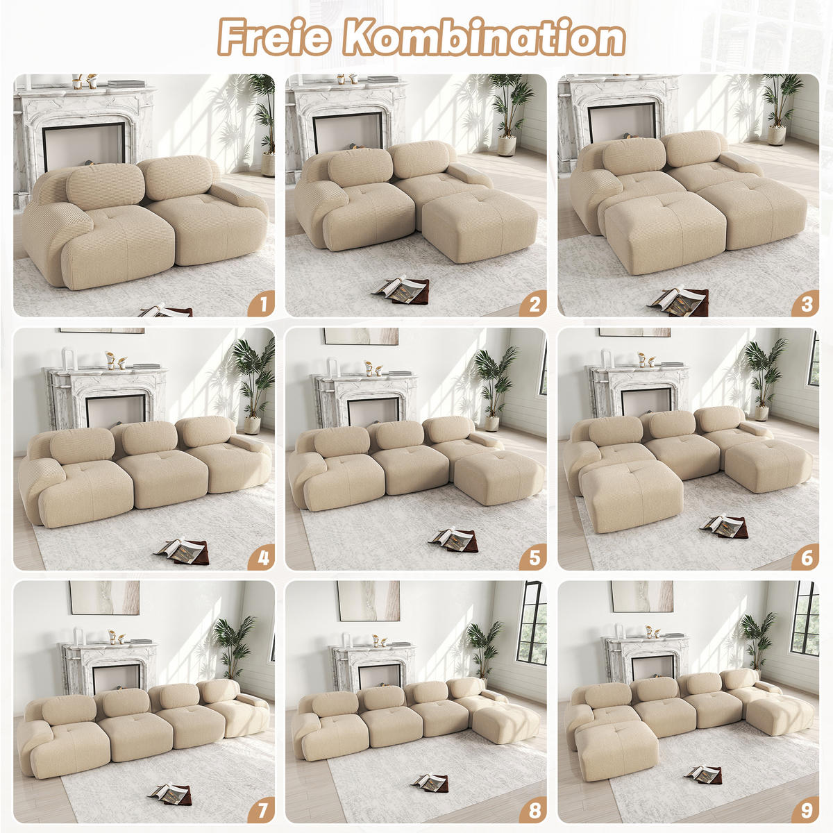 3-SITZER Sofa 298x178x75 cm aus Cordstoff rahmenlos modular, beige - Beige, Textil (178/75/298cm)