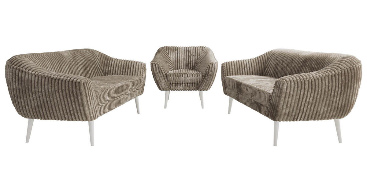 SITZGARNITUR PIRS 3+3+1 - Hellbraun Cord - Weiße Beine - Hellbraun/Weiß, Holzwerkstoff/Textil (180/75/74cm) - MKS