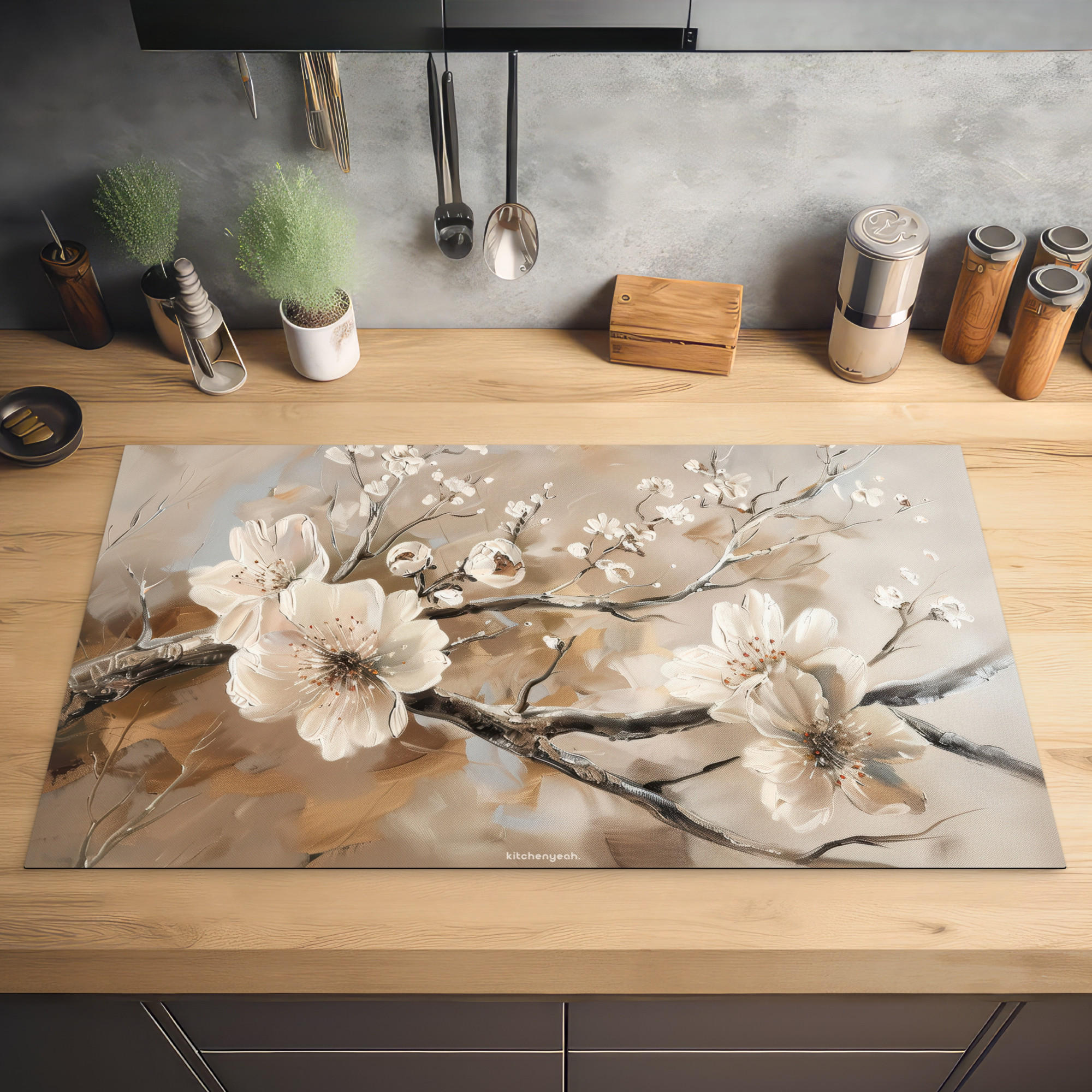 HERDABDECKPLATTE Blumen - Abstrakt - Gemalt - Beige 90x52 cm - Kaschmir, Kunststoff (90/0.2/52cm) - MuchoWow