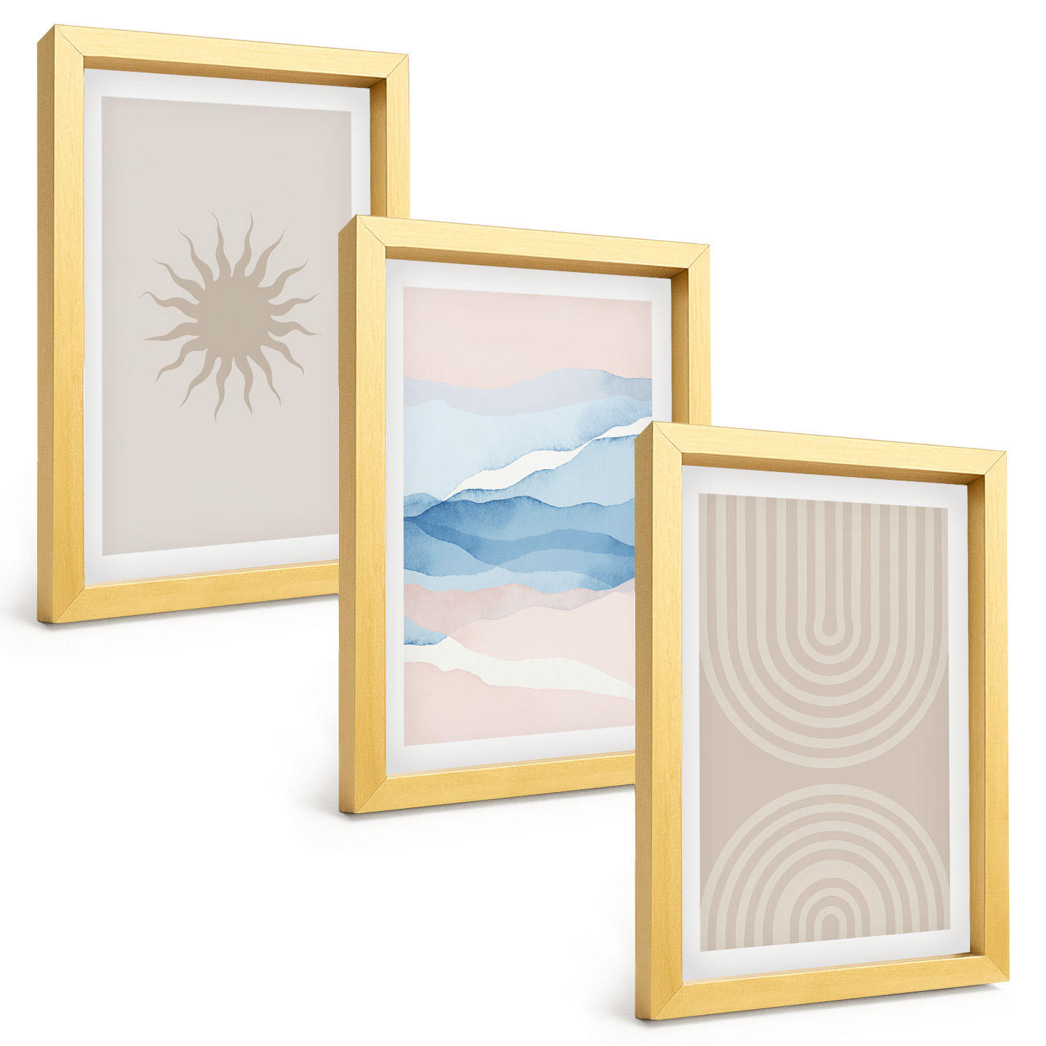 BILDER SET 3er Set - 20x30 cm Goldrahmen - Sonnenwellen abstrakte Linien Pastell - Goldfarben, Kunststoff (20/30cm) - TULUP