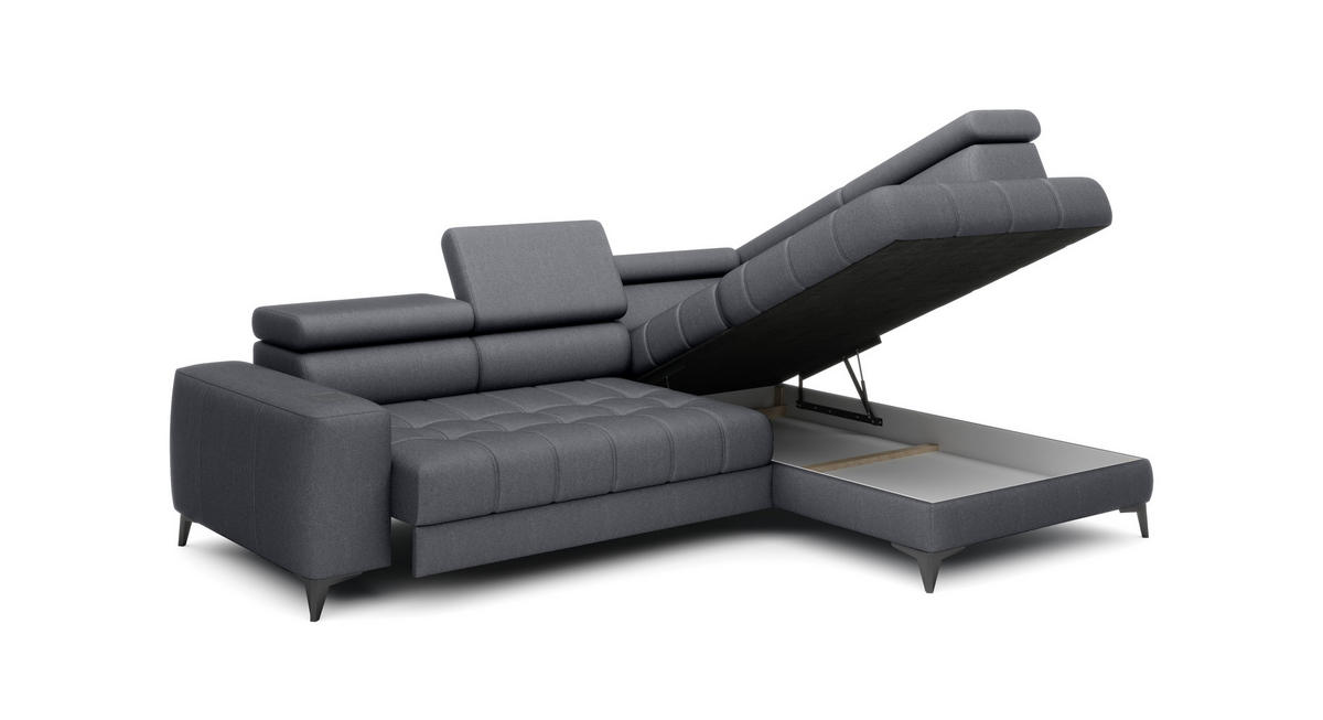 ECKSOFA BAGGIO Letto Stoff, Schlaffunktion, Bettkasten, Sitztiefe, Kopfstützen 280x196cm – Rechts – Dunkelgrau - Dunkelgrau, Holz/Textil (280/196cm) - DomoHome