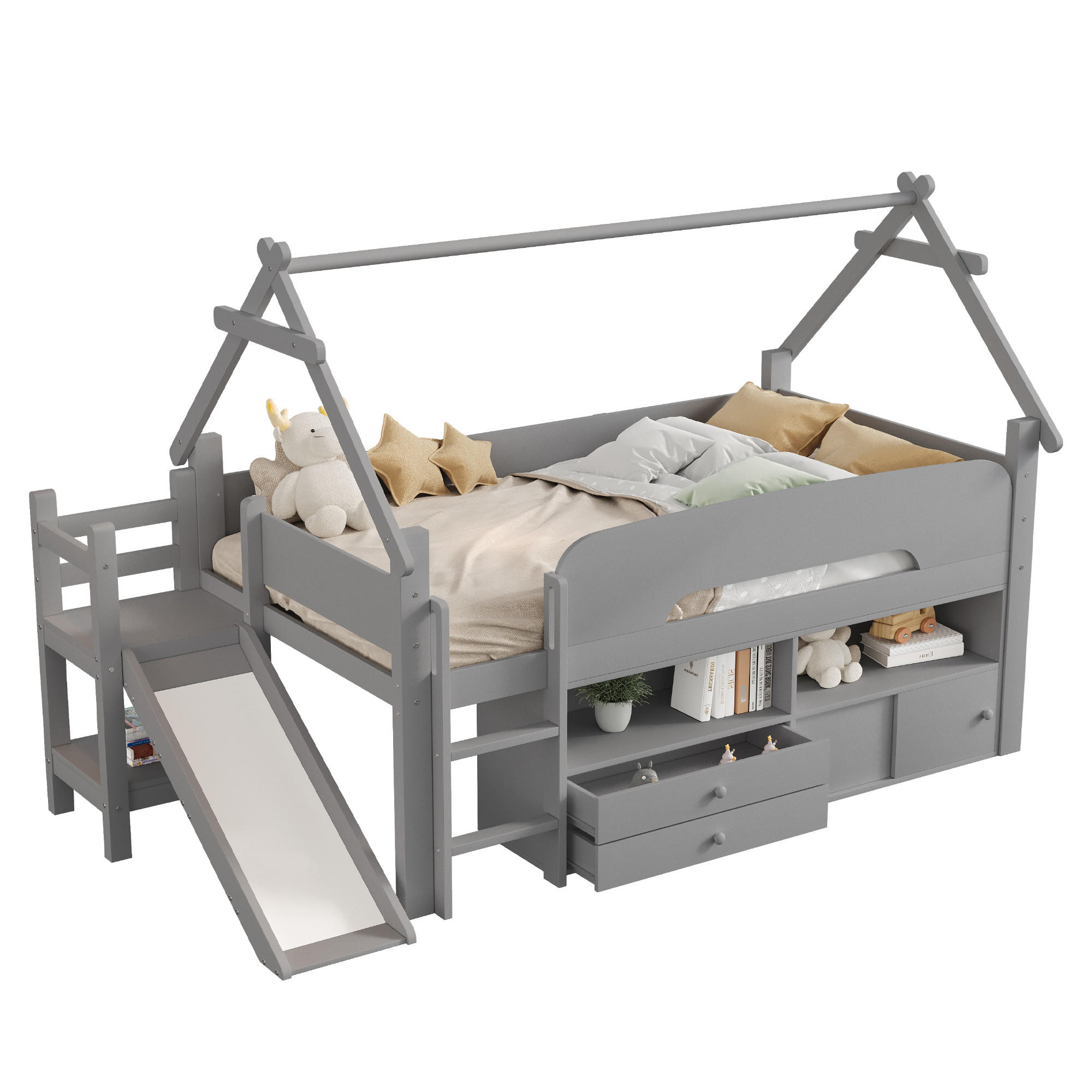 KINDEREINZELBETTEN aus Massivholz 90 x 200 cm in Grau mit Rutsche & Stauraum - Grau, Holz (90/200cm) - Modfu