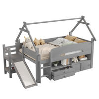 KINDEREINZELBETTEN aus Massivholz 90 x 200 cm in Grau mit Rutsche & Stauraum - Grau, Holz (90/200cm) - Modfu