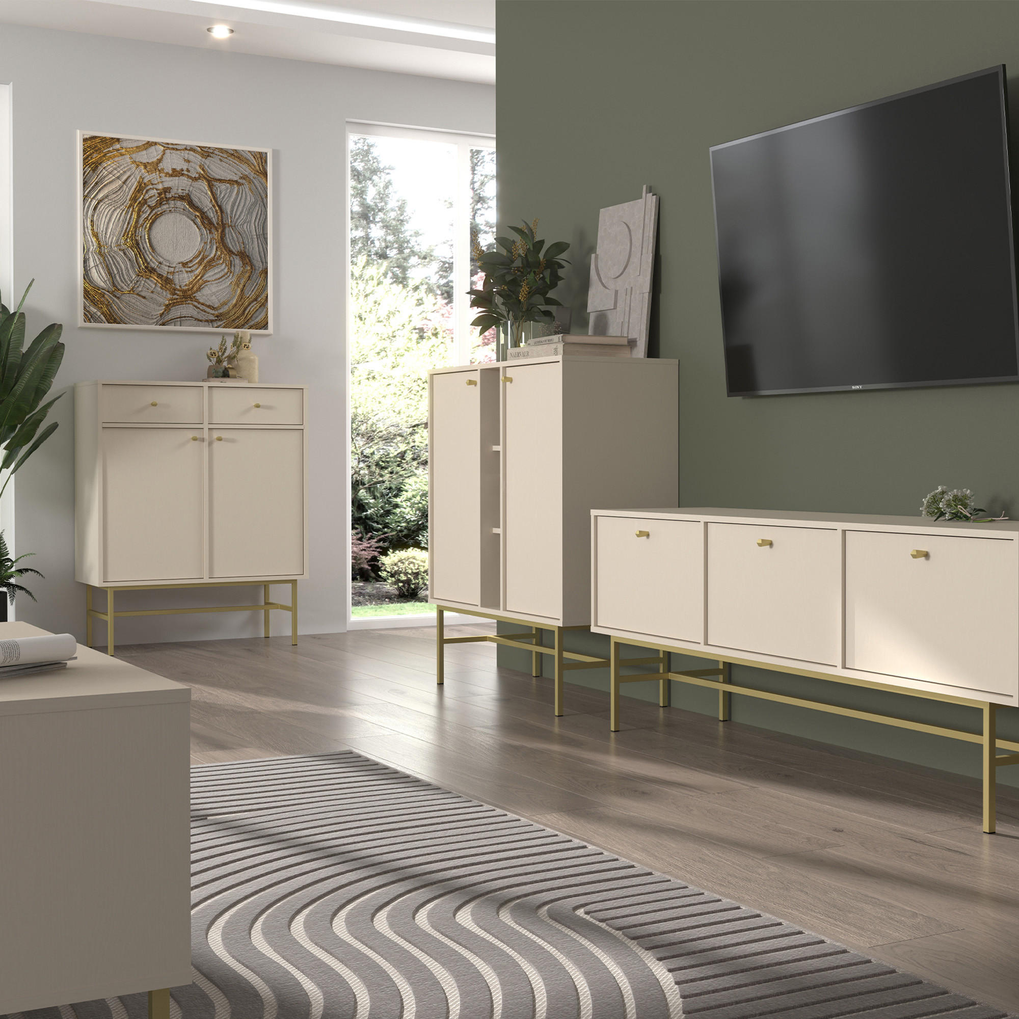 KOMMODE FLOREN, Creme/Gold - Creme, Holzwerkstoff/Metall (83.6/107.5/40.8cm) - KONSIMO®