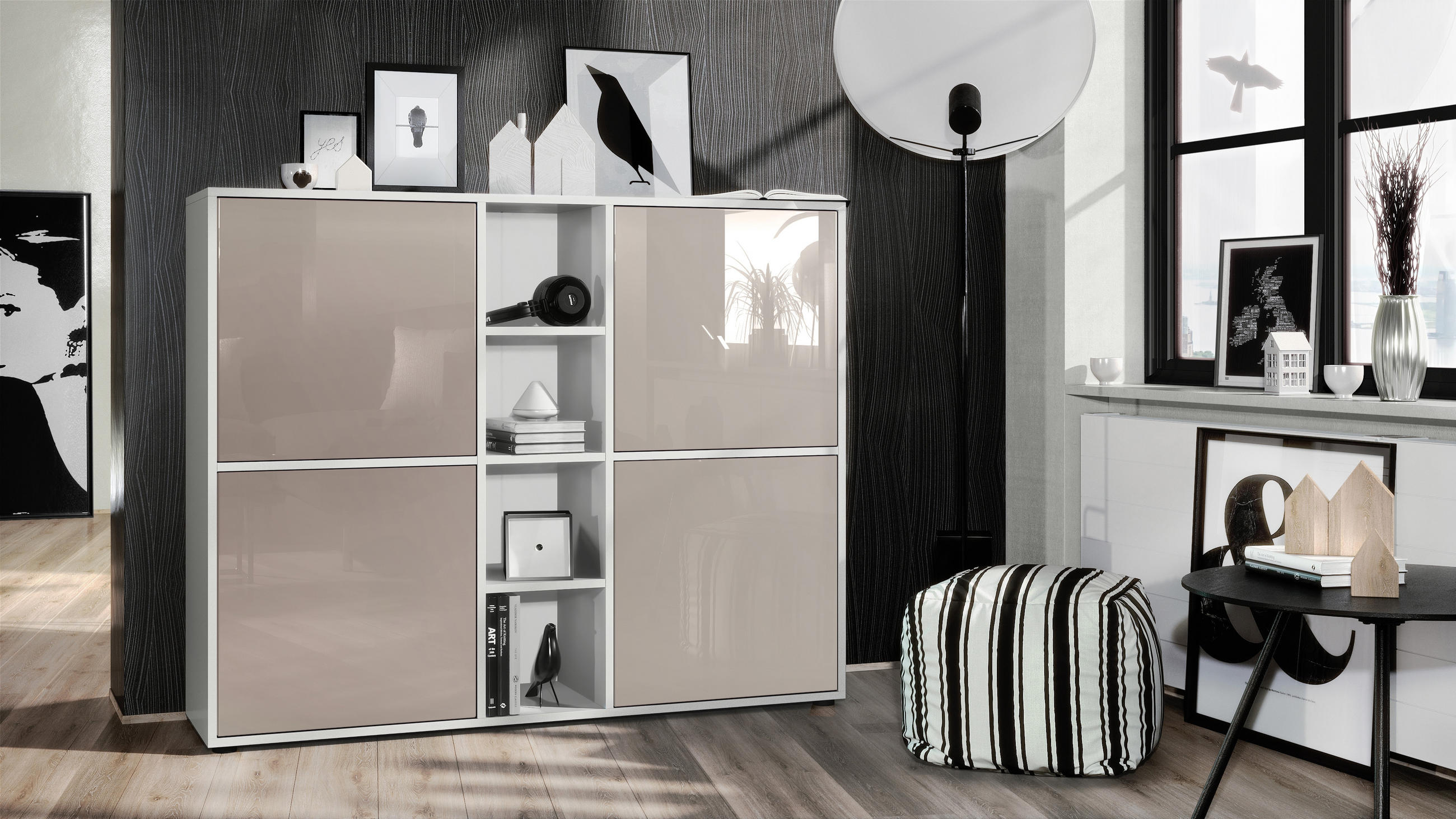 HIGHBOARD Cuba Türen in Sandgrau Hochglanz - Sandfarben, Holzwerkstoff (130.5/105.5/35.5cm) - Vladon