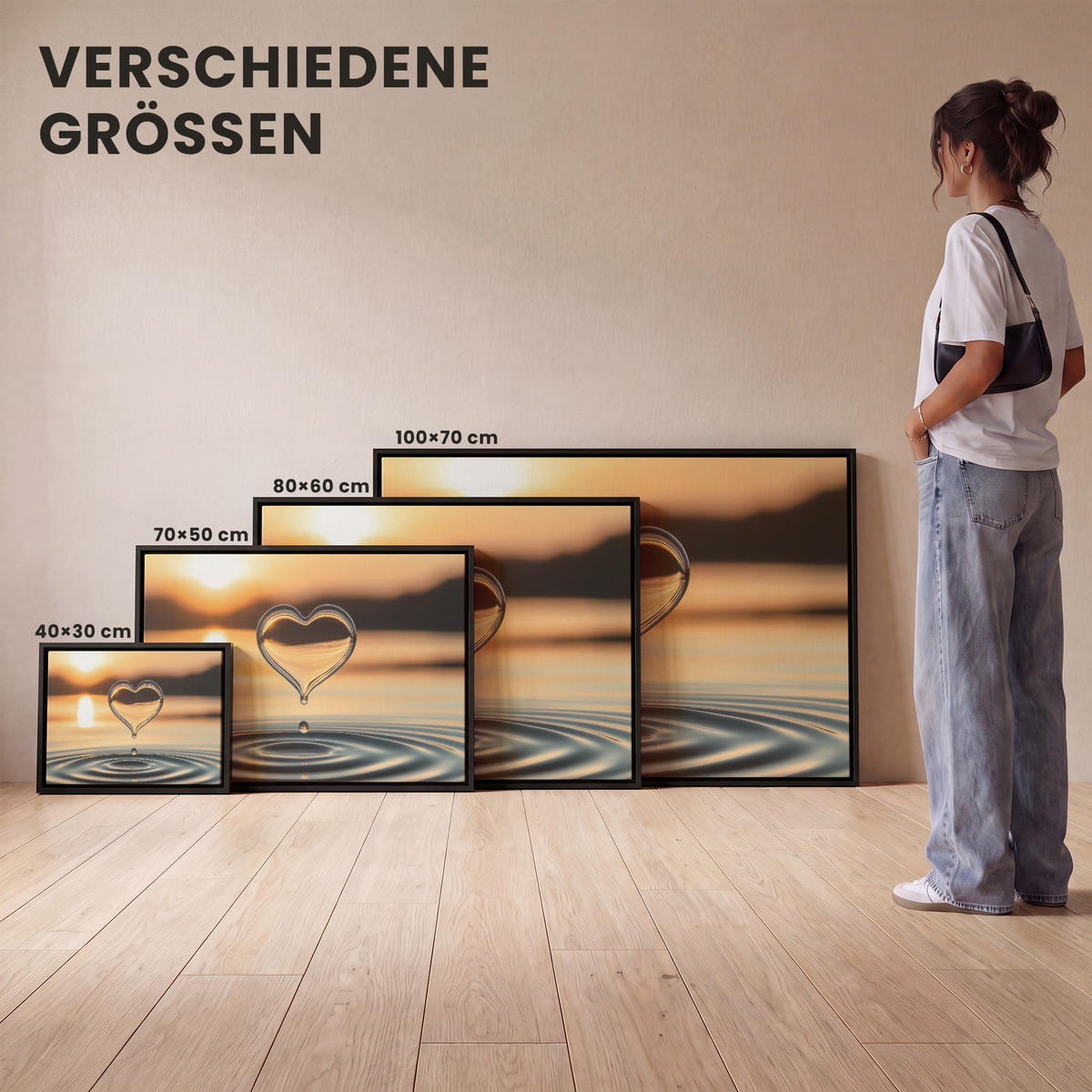 LEINWAND Bilder mit Rahmen - Herz - Wasser - Sonnenuntergang - Natur - Zen - 100x70 - Bernsteinfarben, Textil (100/70cm) - MuchoWow