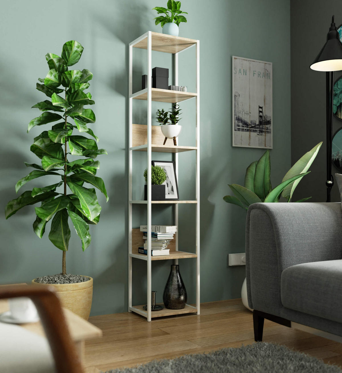 LOFT-REGAL Weiß, Sonoma Eiche 40x192x32 cm - Weiß/Sonoma Eiche, Holzwerkstoff/Metall (40/192/32cm) - Akord