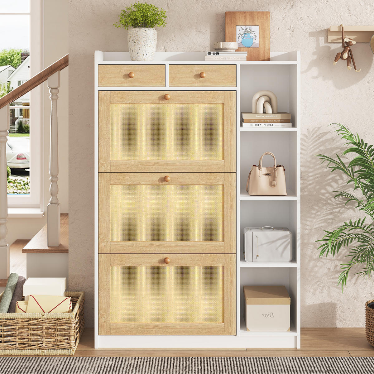 SCHUHSCHRANK 90x24x130cm Rattan mit 3 Klappen, 2 Schubl. - Weiß/Naturfarben, Holzwerkstoff (90/130/24cm) - FLIEKS