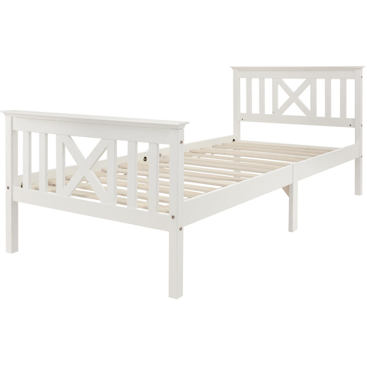 EINZELBETT aus Kiefer-Massivholz 90x200 cm Weiß mit X-Kopfteil und Lattenrost - Weiß, Holz (90/200cm) - IVMEU