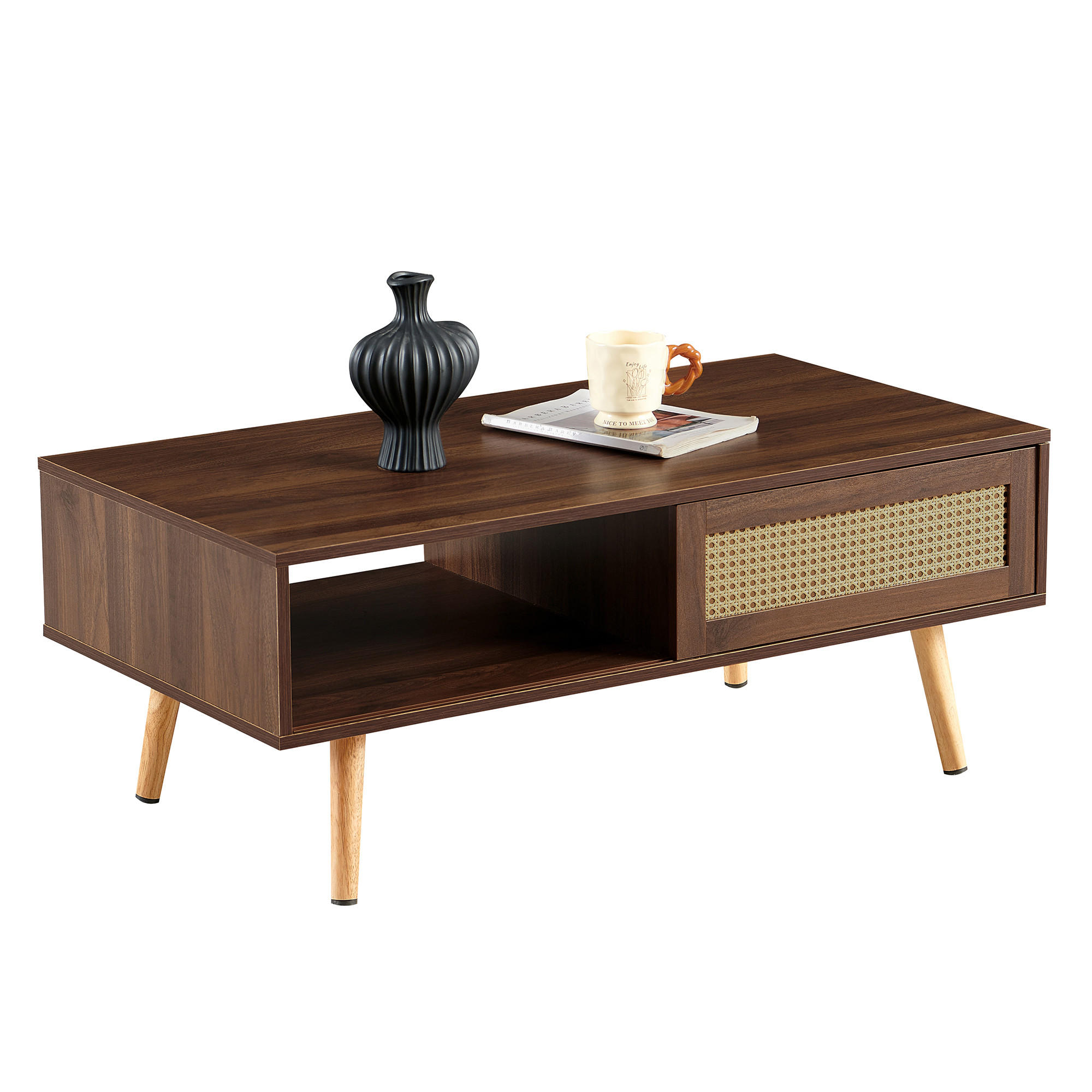 COUCHTISCH in Braun Korbgeflochtener Teetisch mit Schiebetüren für Wohnzimmer, B105/T55/H40cm - Braun/Naturfarben, Holzwerkstoff (55/105/40cm) - STILVORA